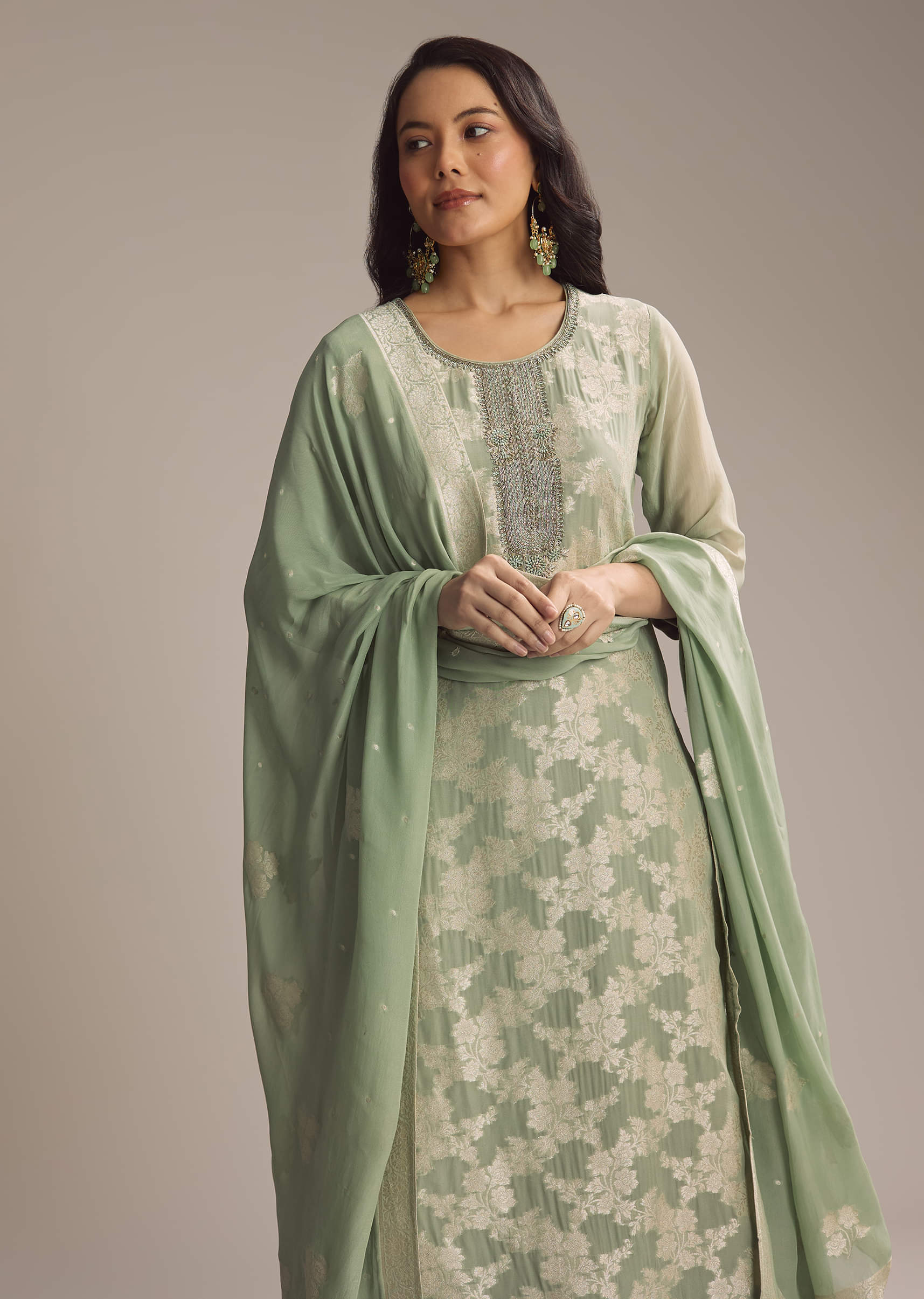 Green Banarasi Georgette Palazzo Suit - Image 4