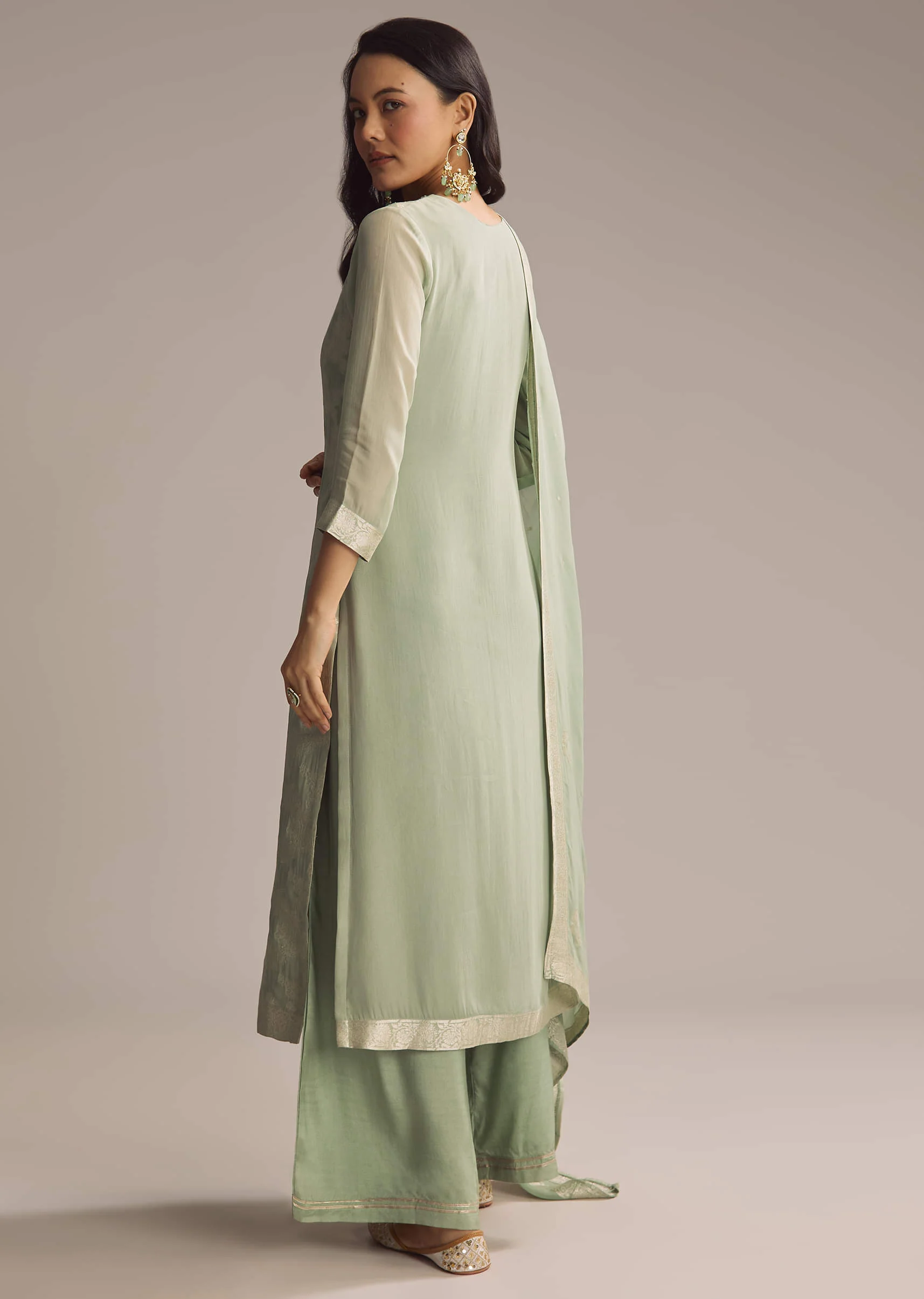 Green Banarasi Georgette Palazzo Suit - Image 5