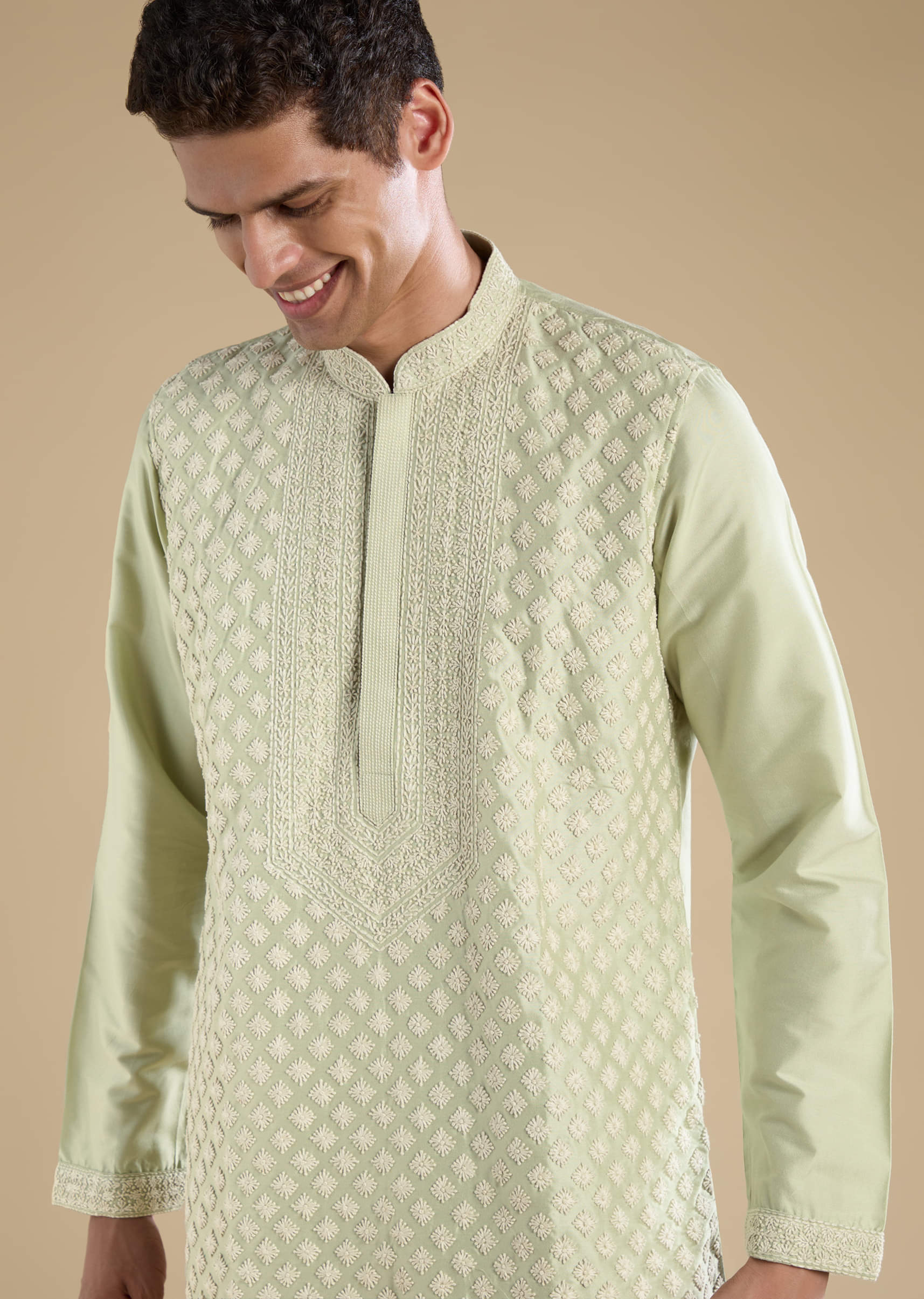 Green Banarasi Silk Kurta Set with Kantha Work - Image 2