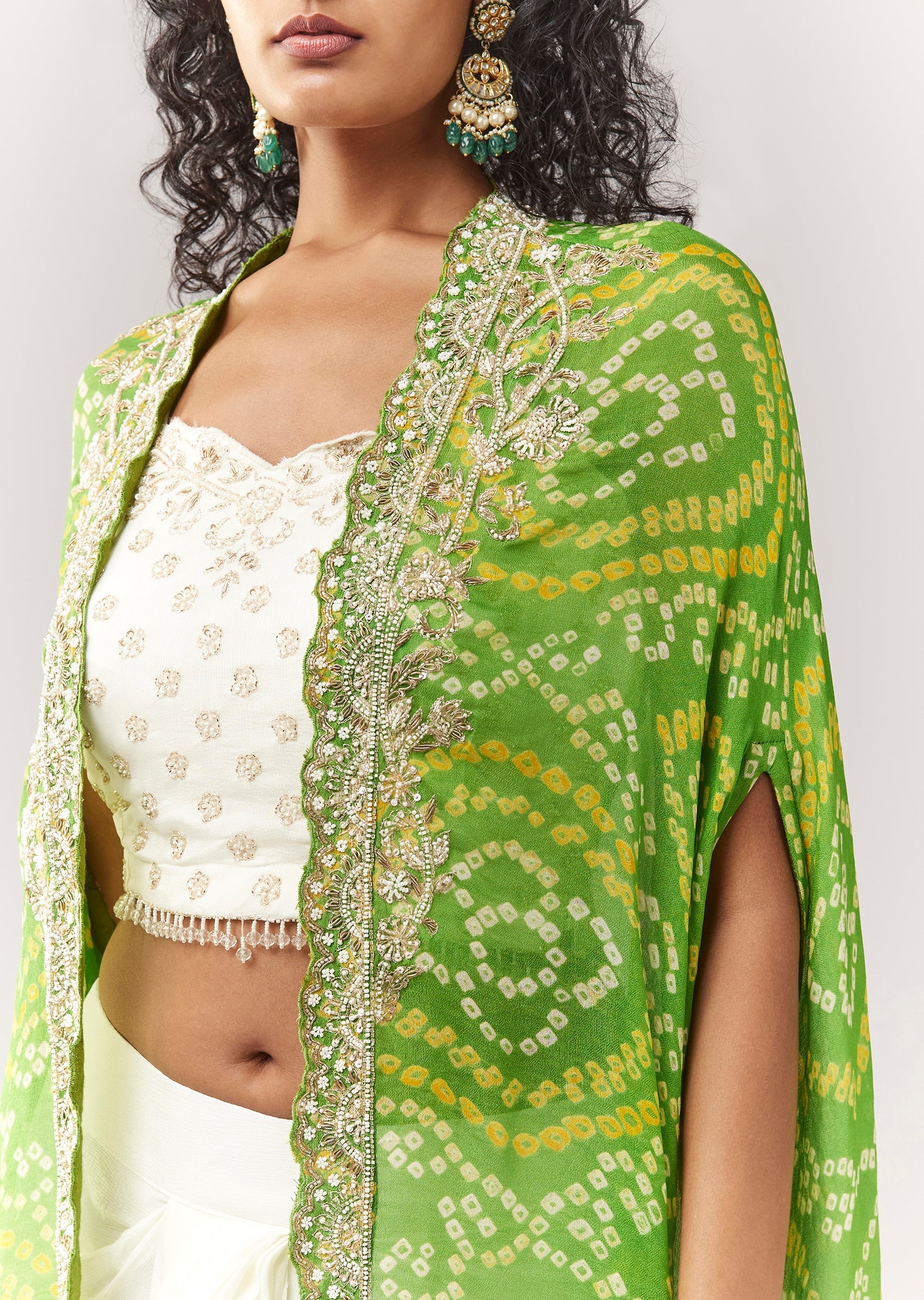 Green Bandhani Cape And Embellished Sweetheart Croptop With Skirt - Image 2