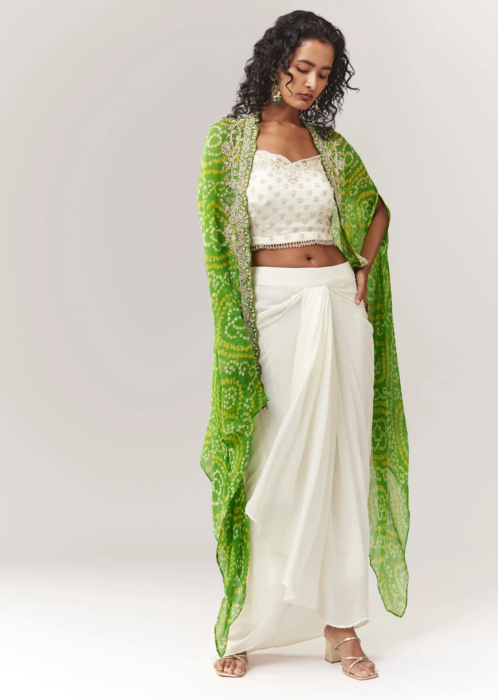 Green Bandhani Cape And Embellished Sweetheart Croptop With Skirt - Image 3