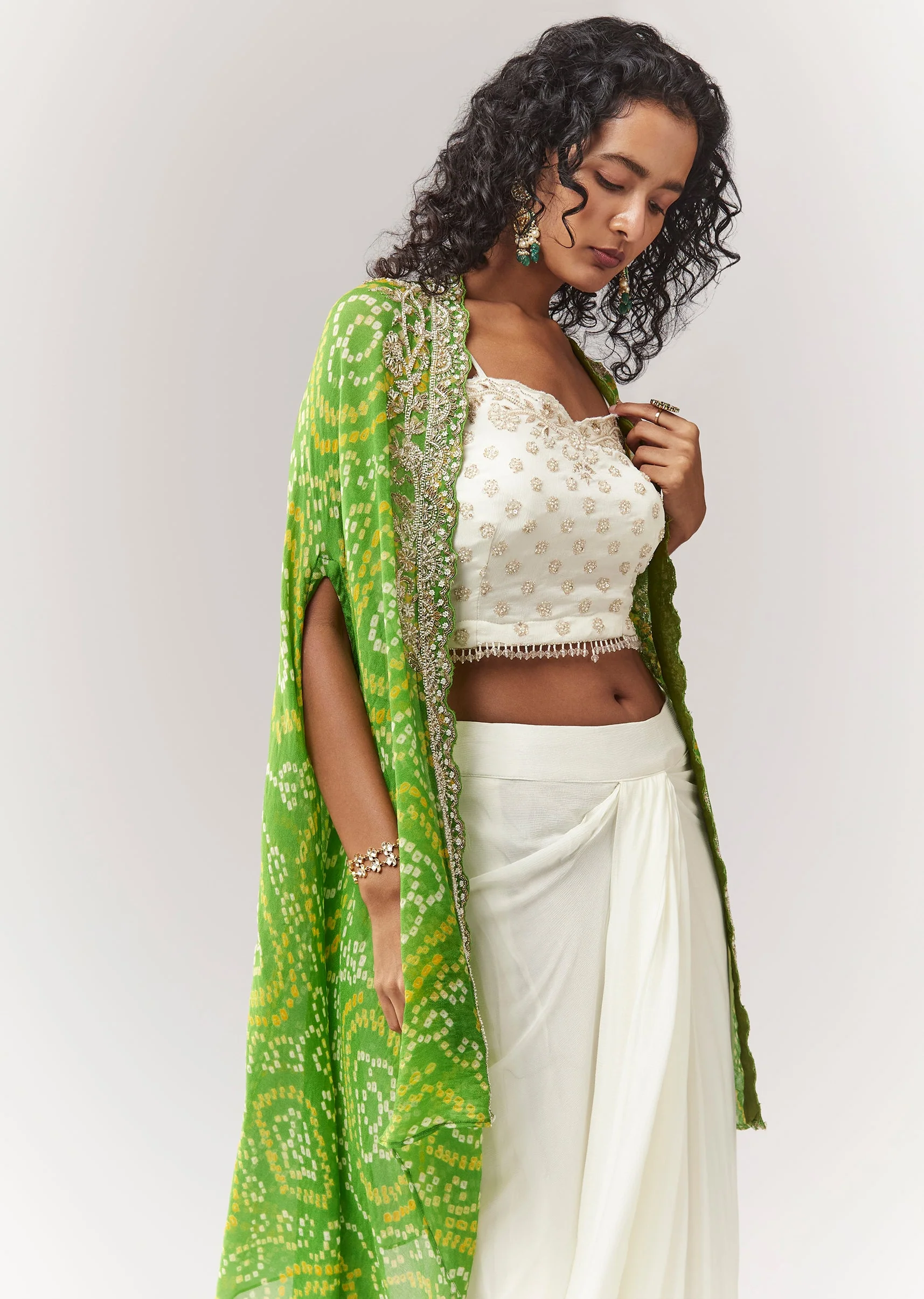 Green Bandhani Cape And Embellished Sweetheart Croptop With Skirt - Image 4