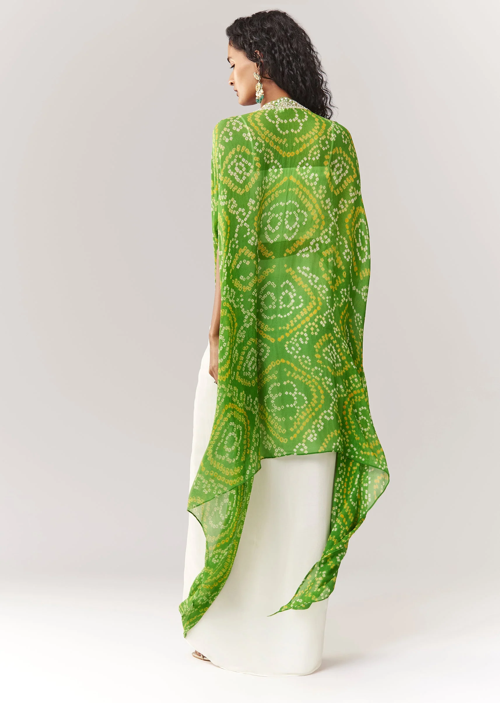 Green Bandhani Cape And Embellished Sweetheart Croptop With Skirt - Image 5