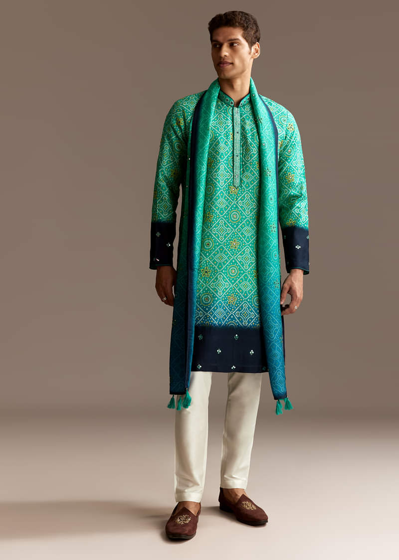 Green Bandhani Kurta Set With Dupatta - Image 2
