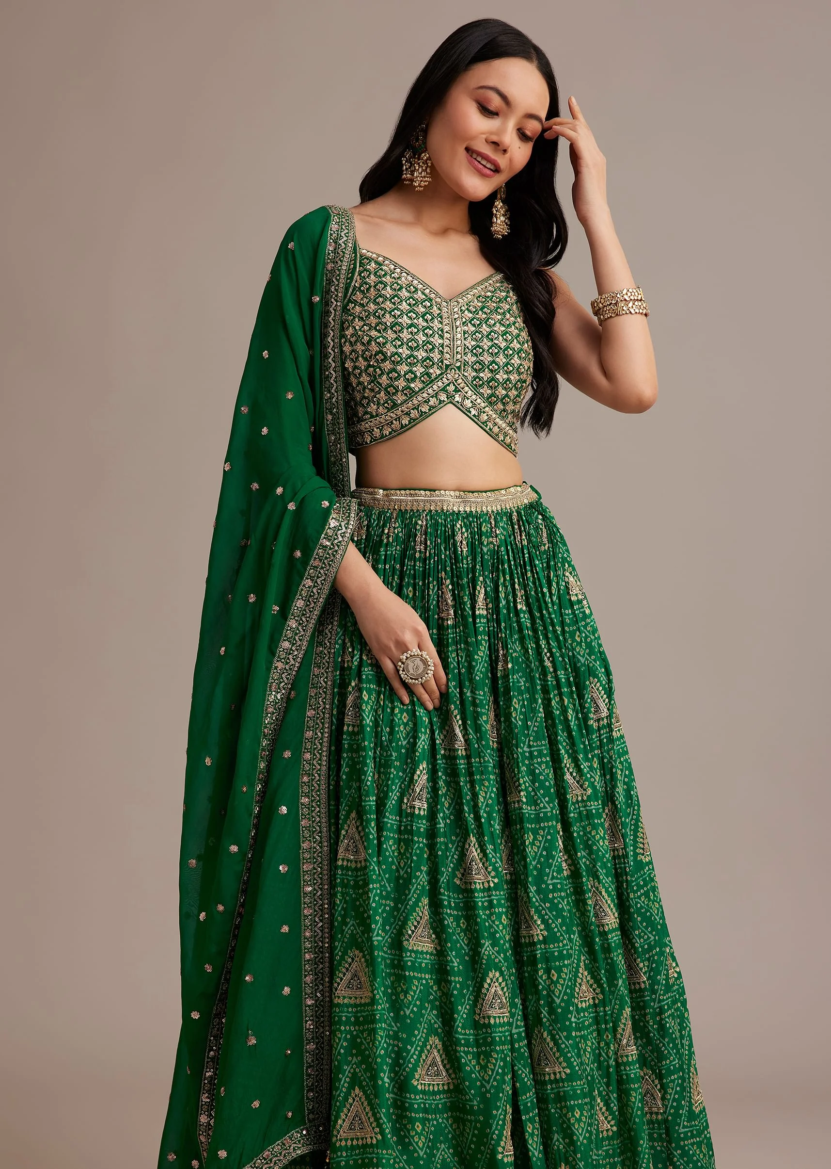 Green Bandhani Lehenga Set With Zari Butti And Sequins Work - Image 2