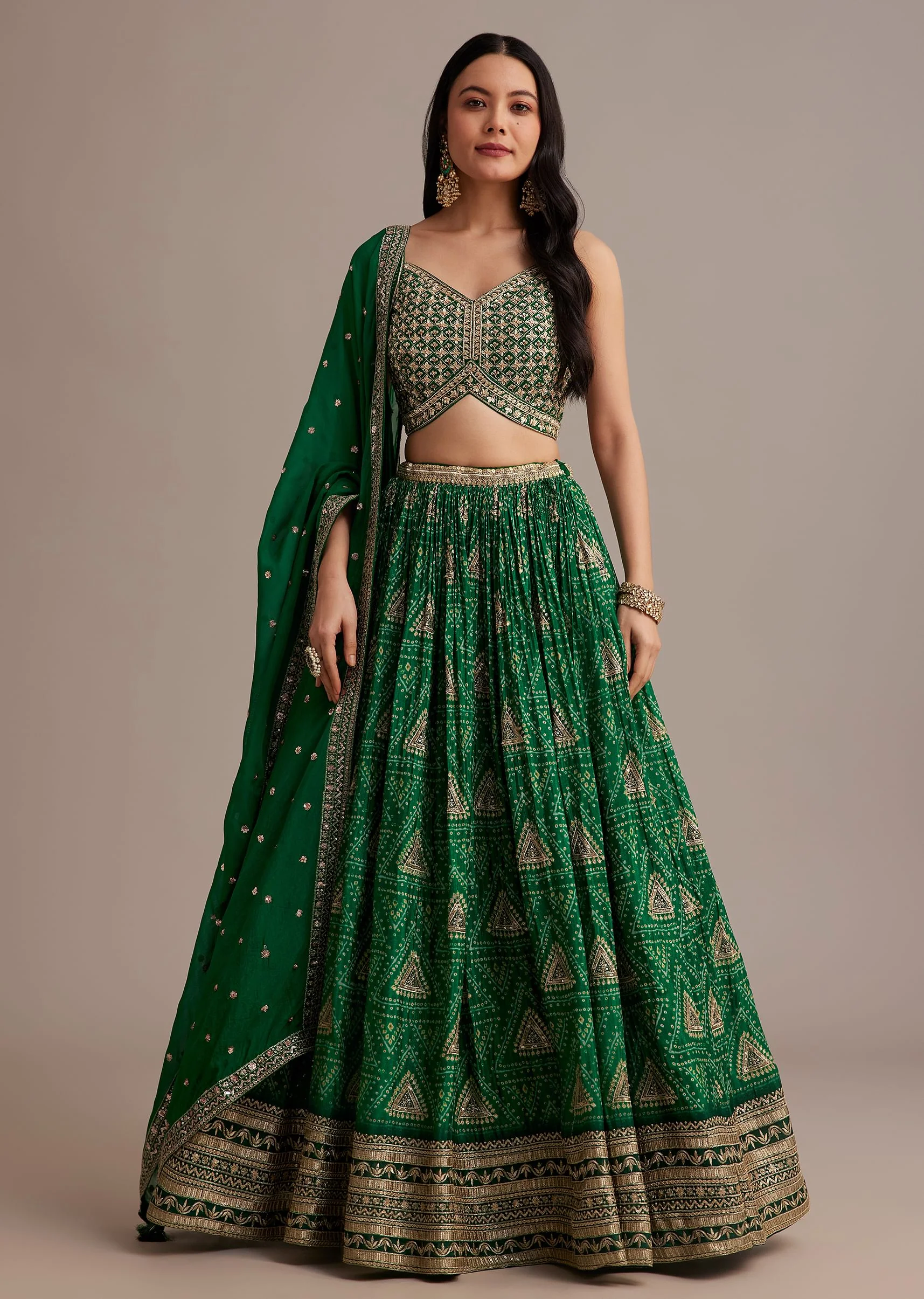 Green Bandhani Lehenga Set With Zari Butti And Sequins Work - Image 3