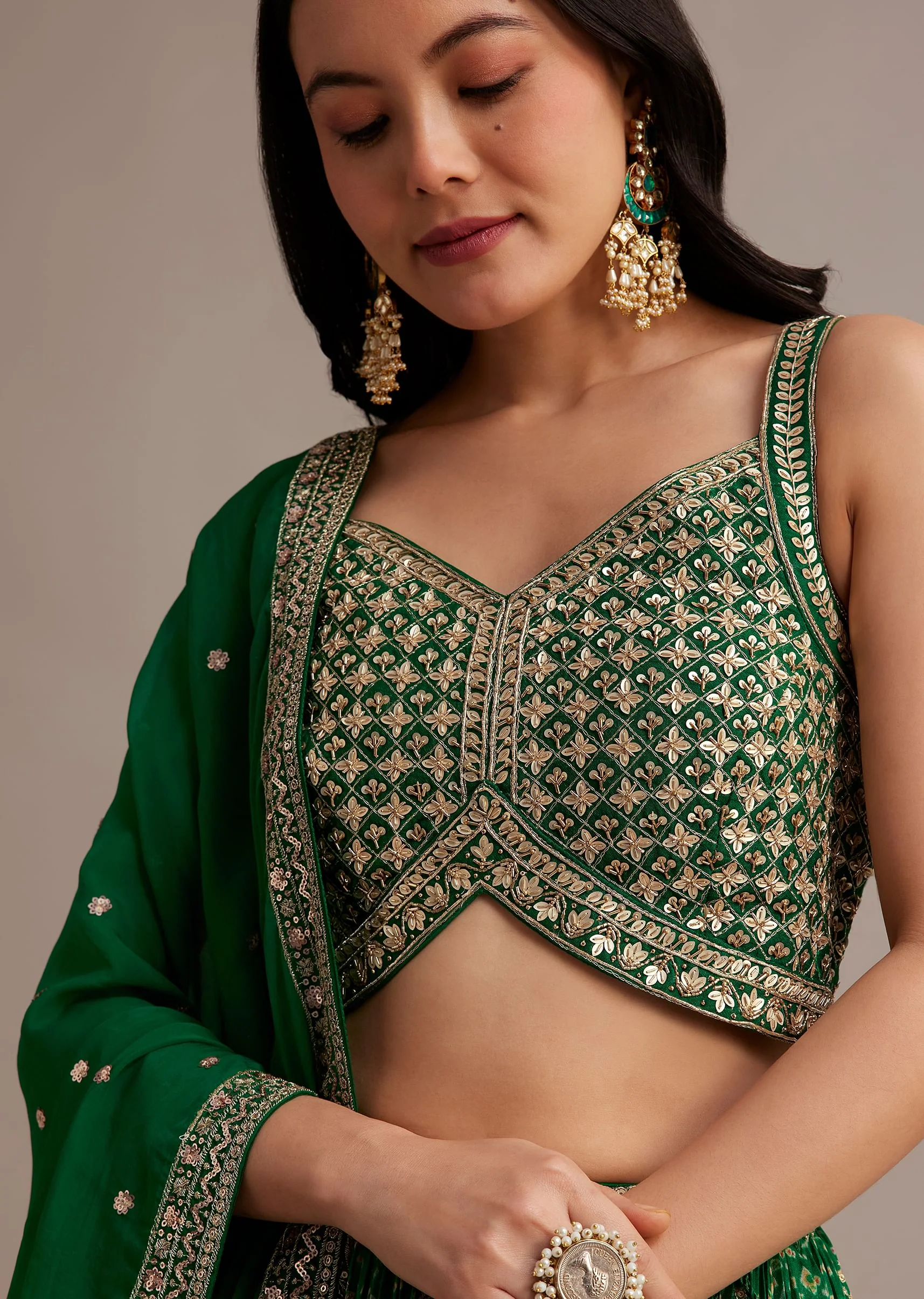Green Bandhani Lehenga Set With Zari Butti And Sequins Work - Image 4