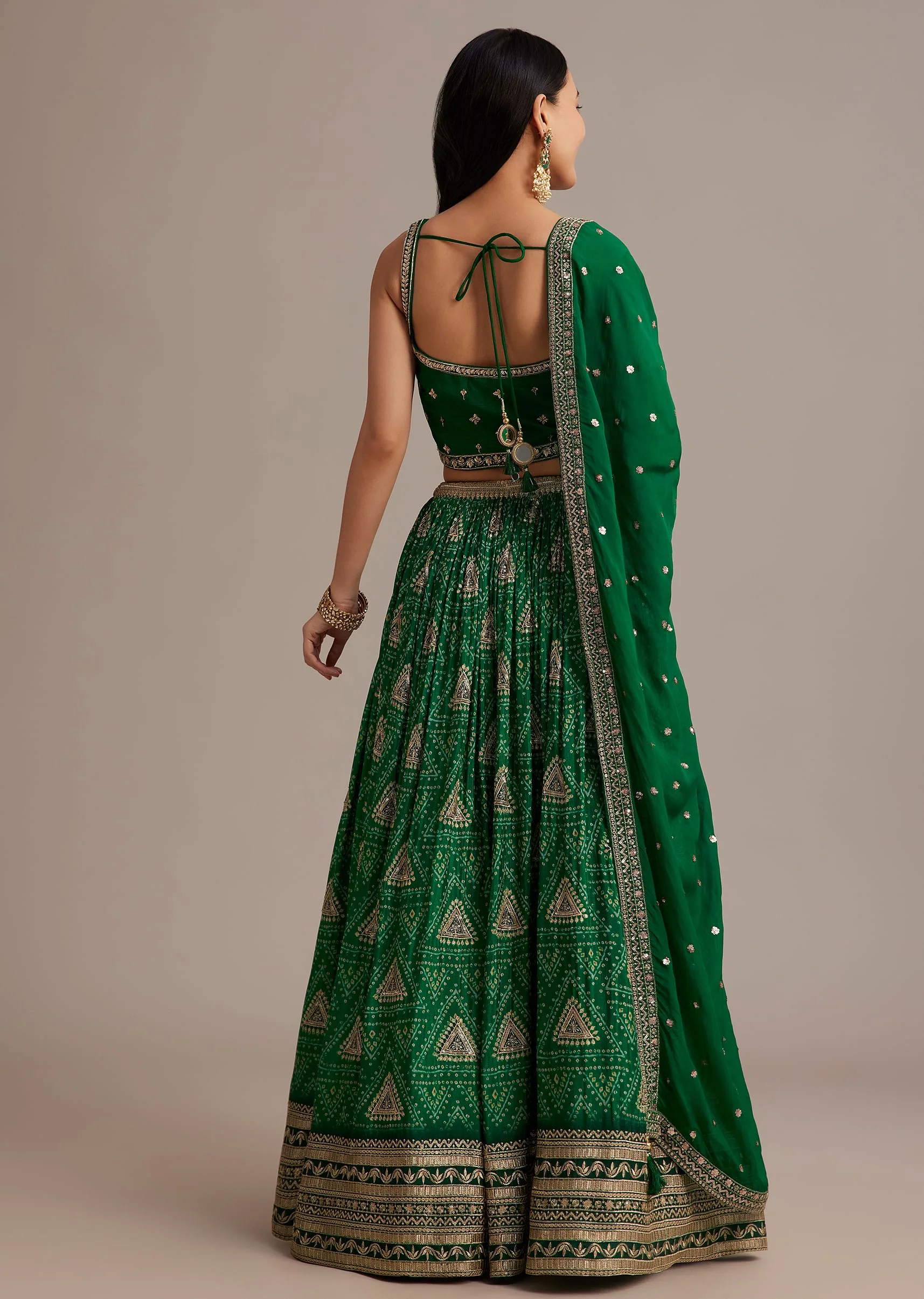 Green Bandhani Lehenga Set With Zari Butti And Sequins Work - Image 5