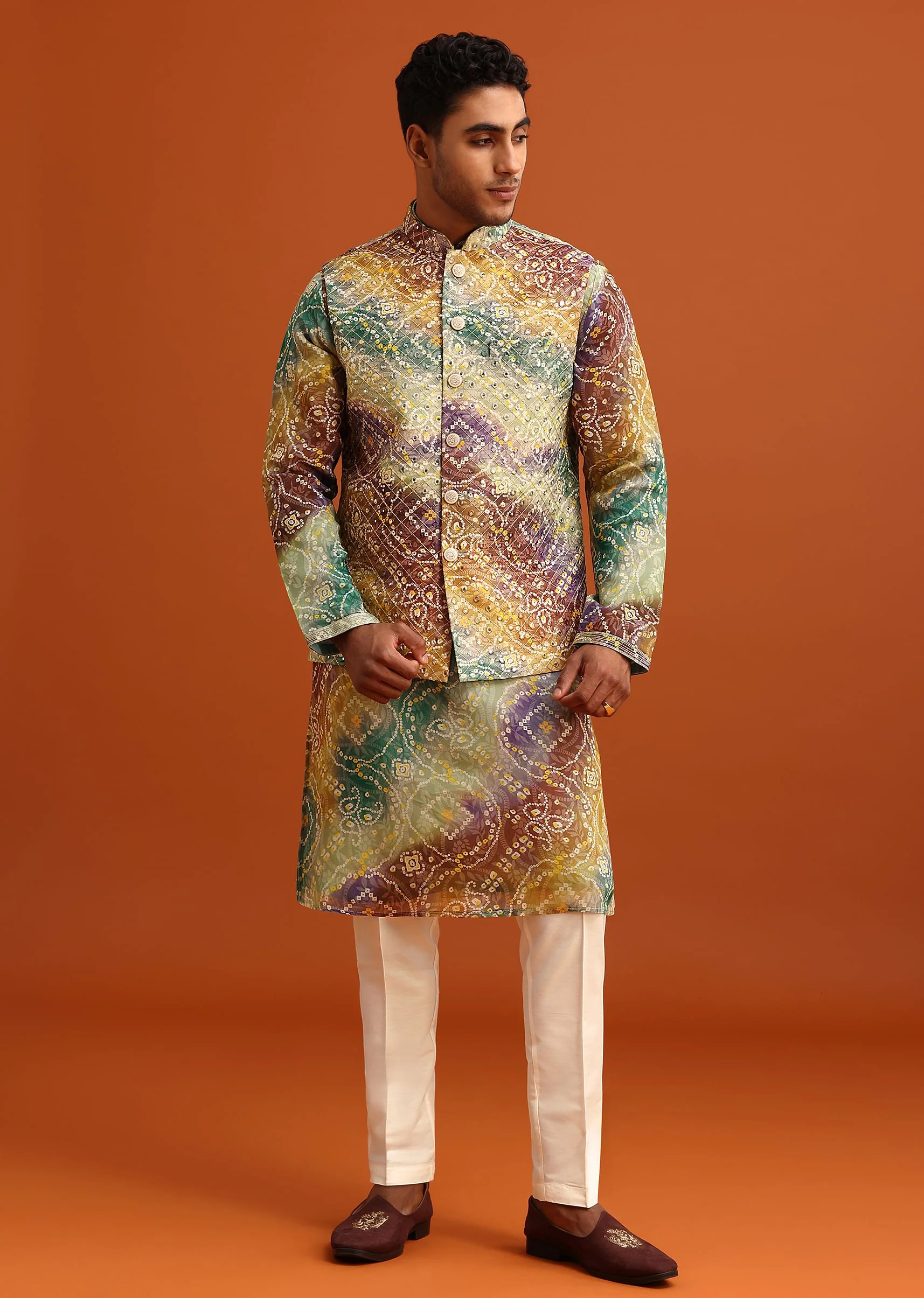 Green Bandhani Print Jacket Kurta Set In Georgette - Image 3