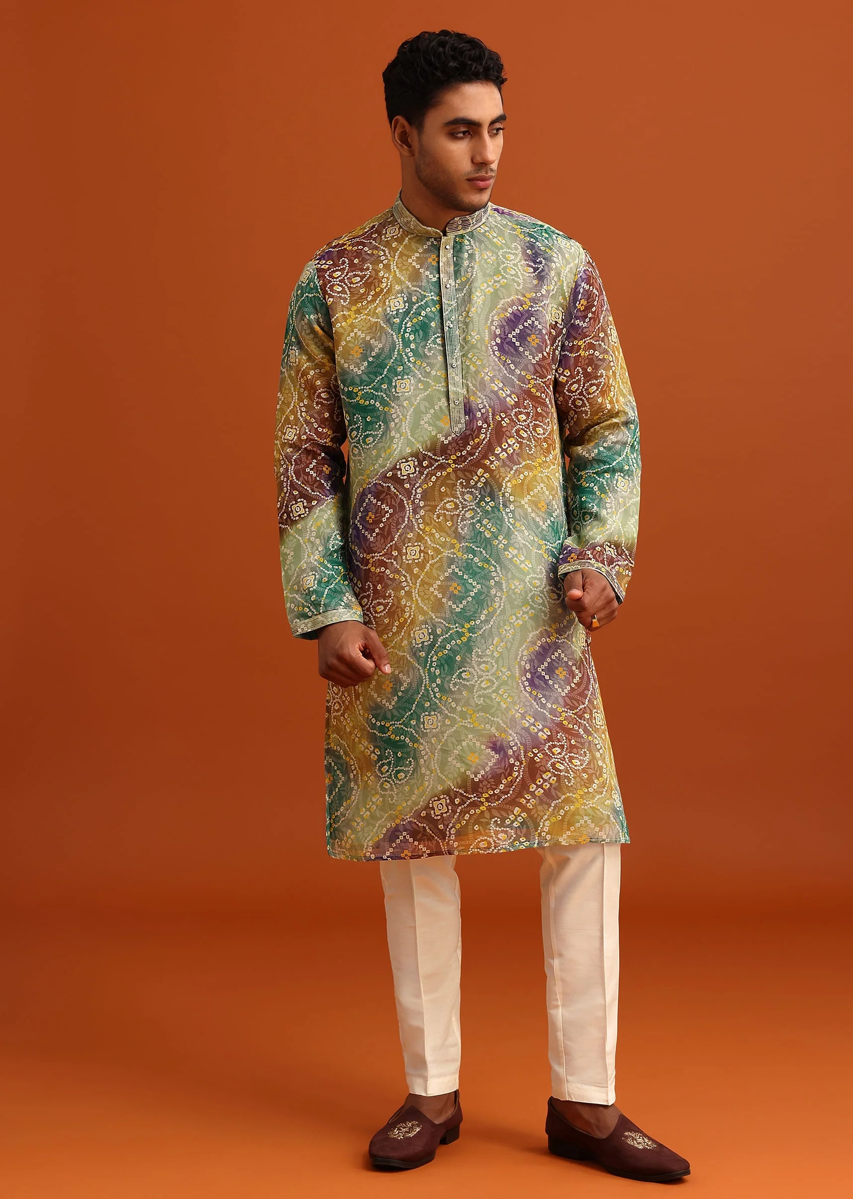 Green Bandhani Print Jacket Kurta Set In Georgette - Image 6