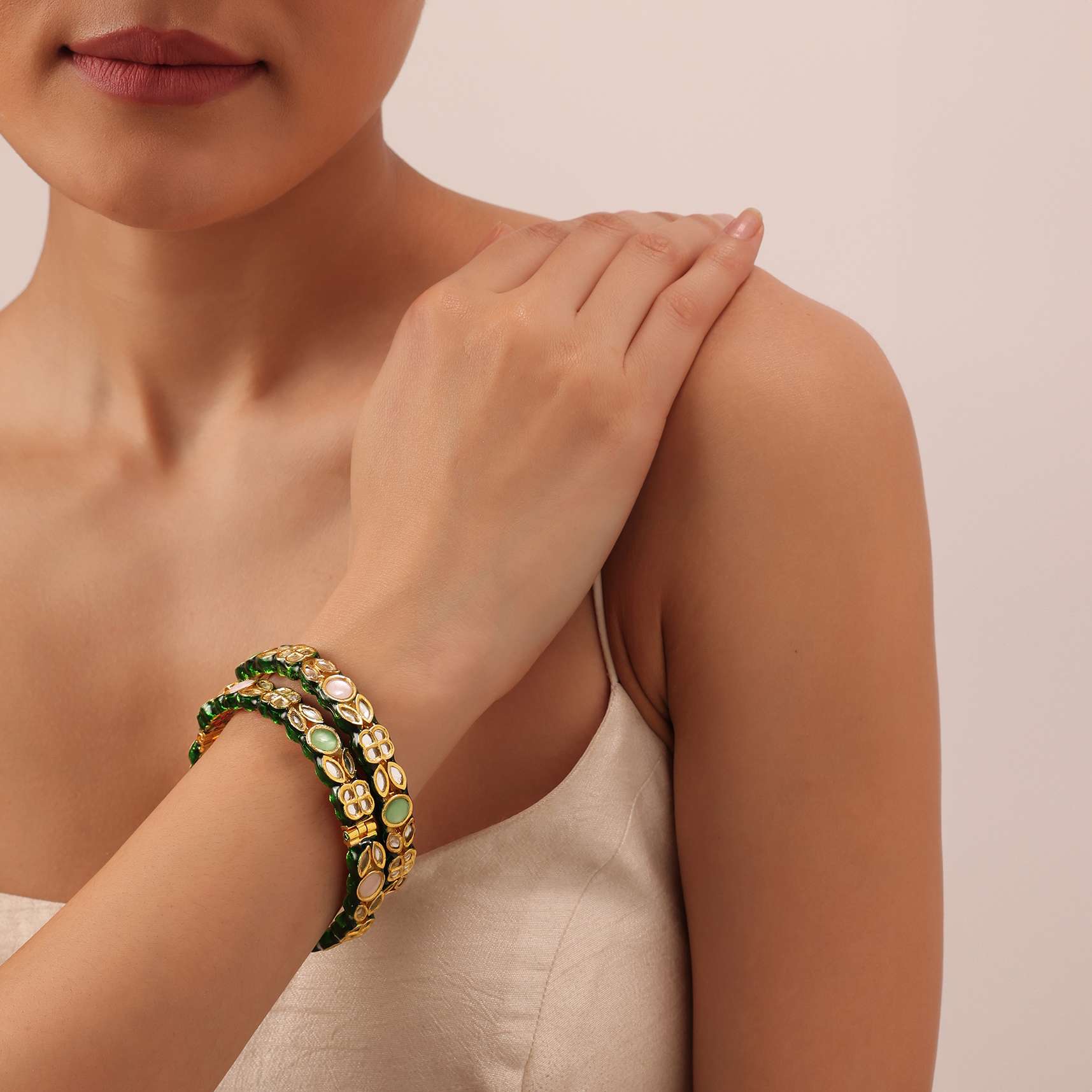 Green Bangle With Embellished Kundan And Meenakari Set of 2