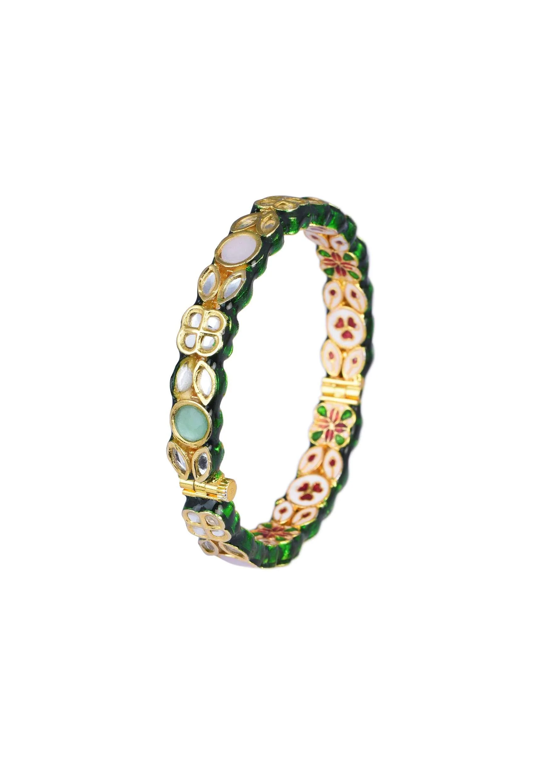 Green Bangle With Embellished Kundan And Meenakari Set of 2 - Image 4