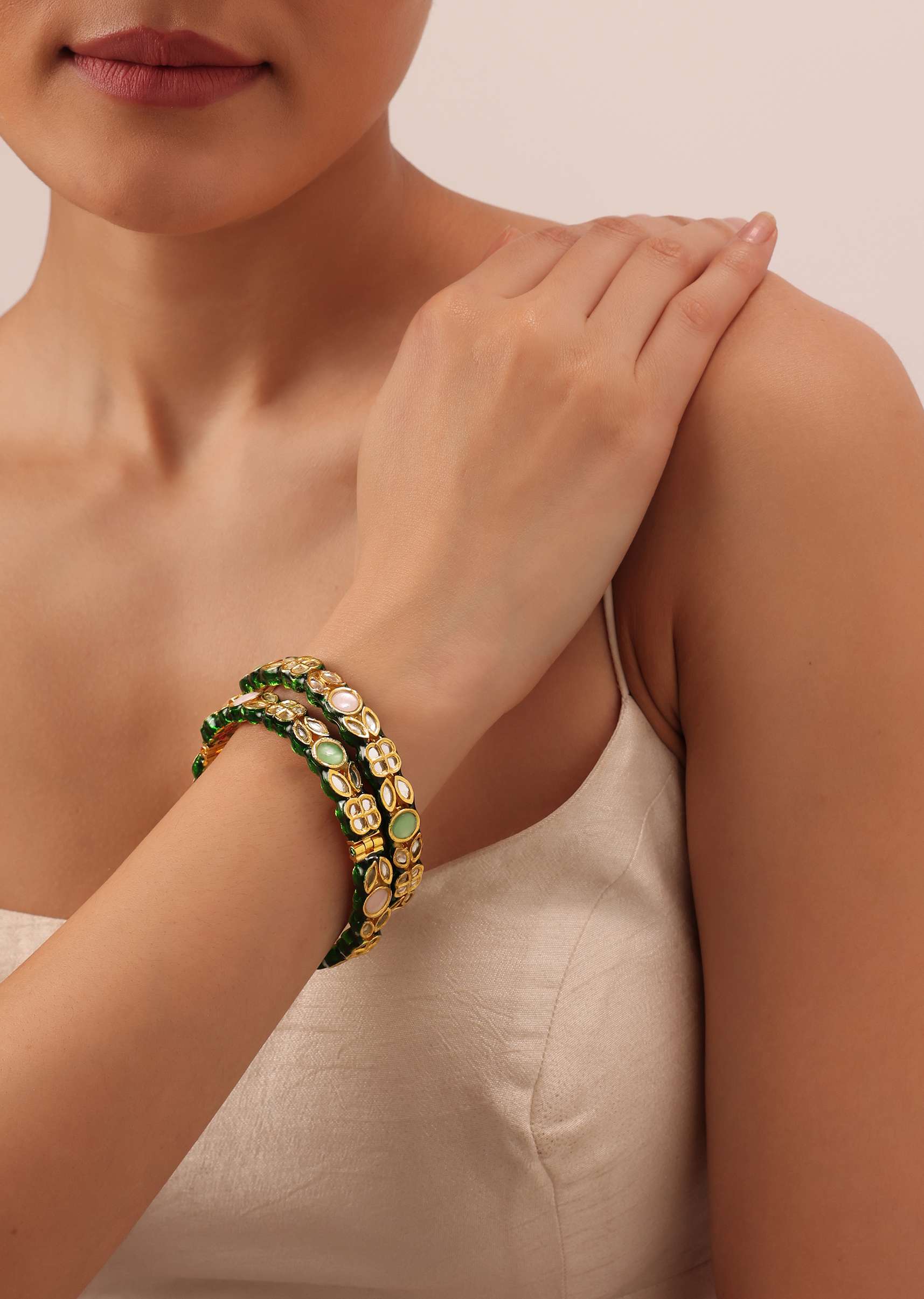 Green Bangle With Embellished Kundan And Meenakari Set of 2 - Image 5