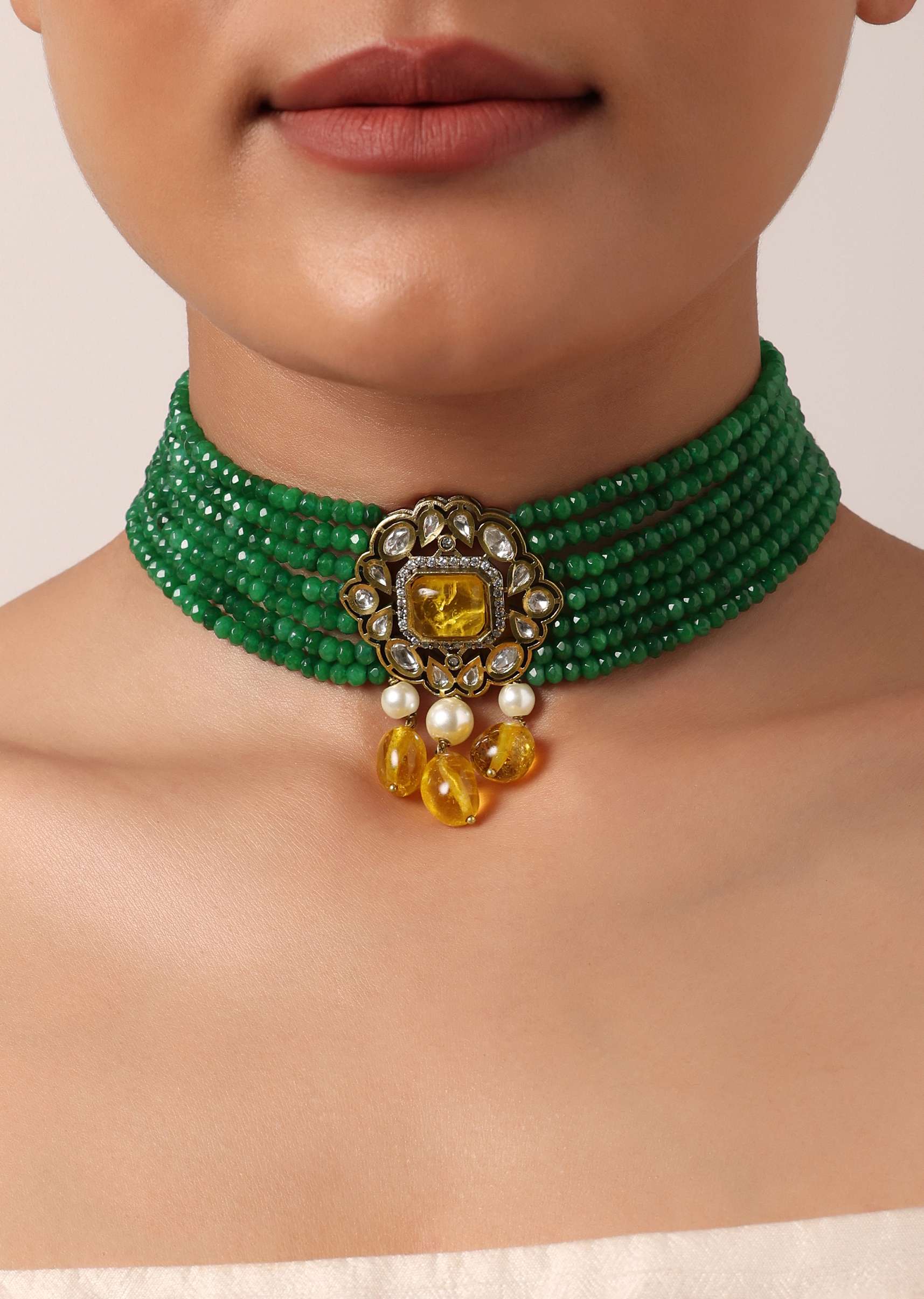 Green Beaded Choker Set With Yellow Floral Pendant - Image 2
