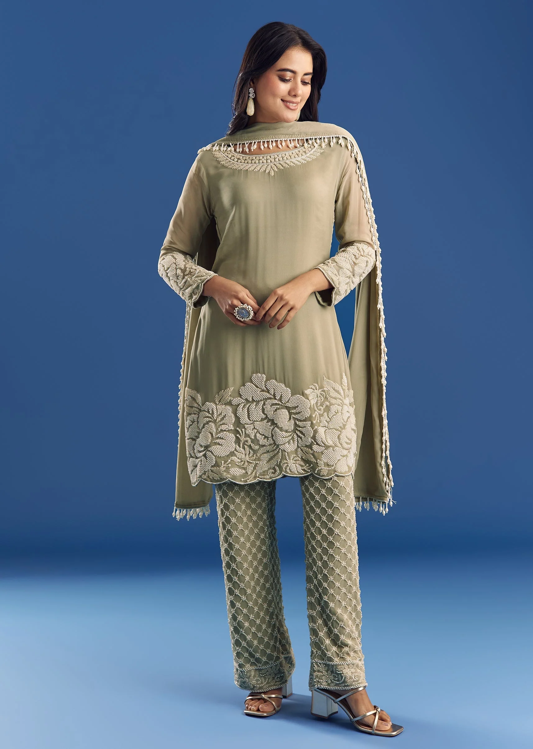 Green Beaded Kurta Pant Set With Dupatta In Georgette - Image 3