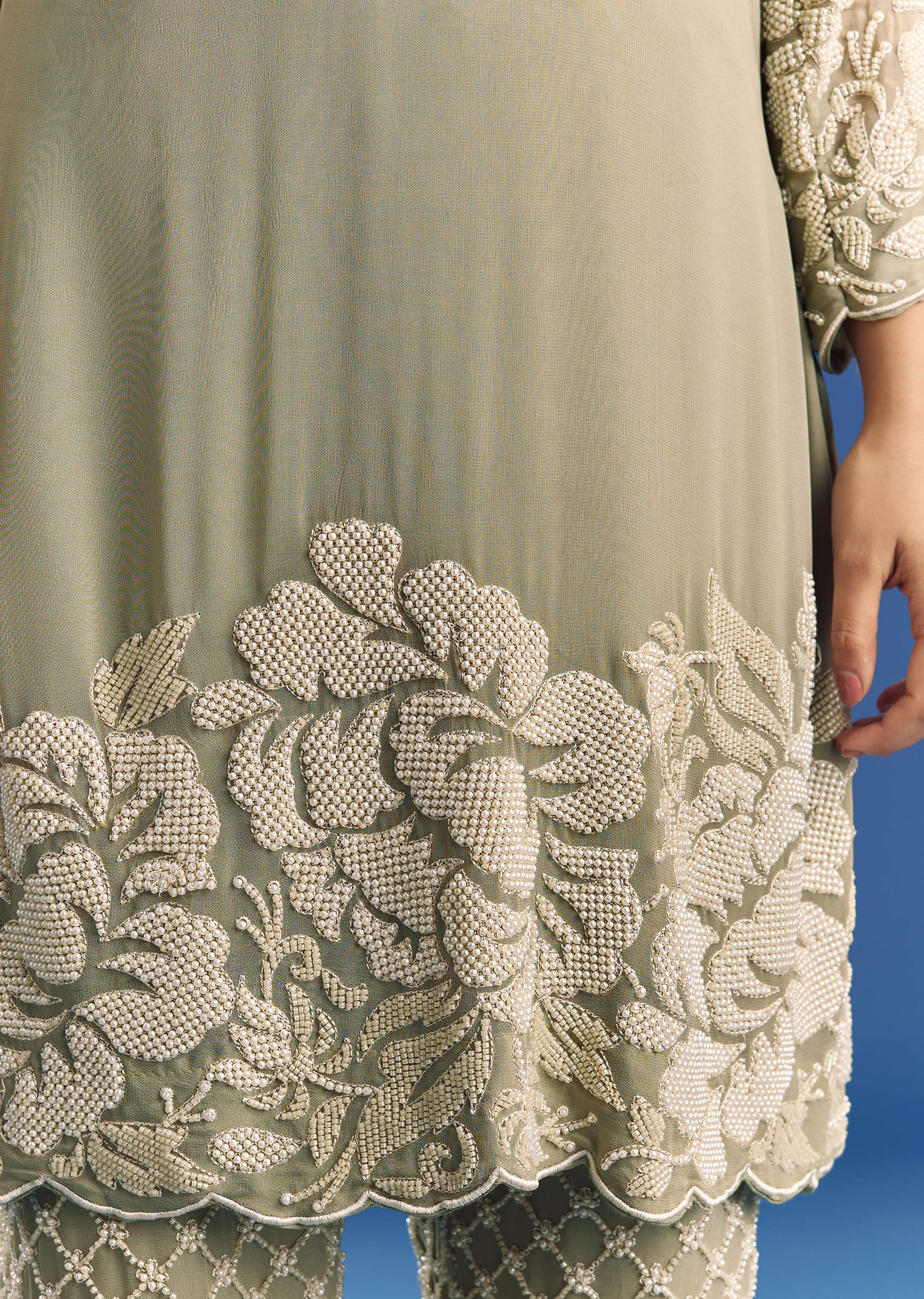 Green Beaded Kurta Pant Set With Dupatta In Georgette - Image 4