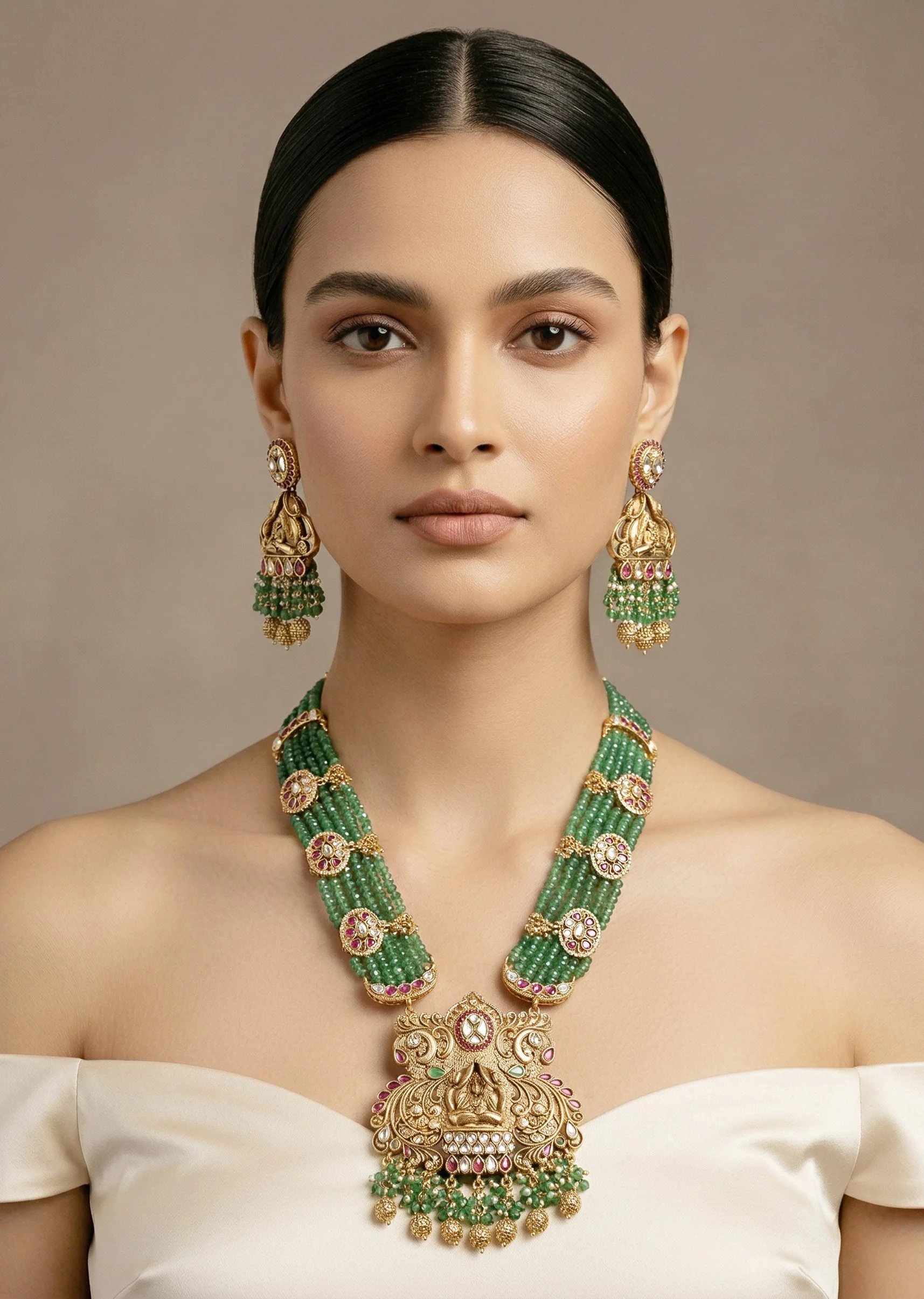 Green Beaded Necklace Set With Floral Accents And Pendant