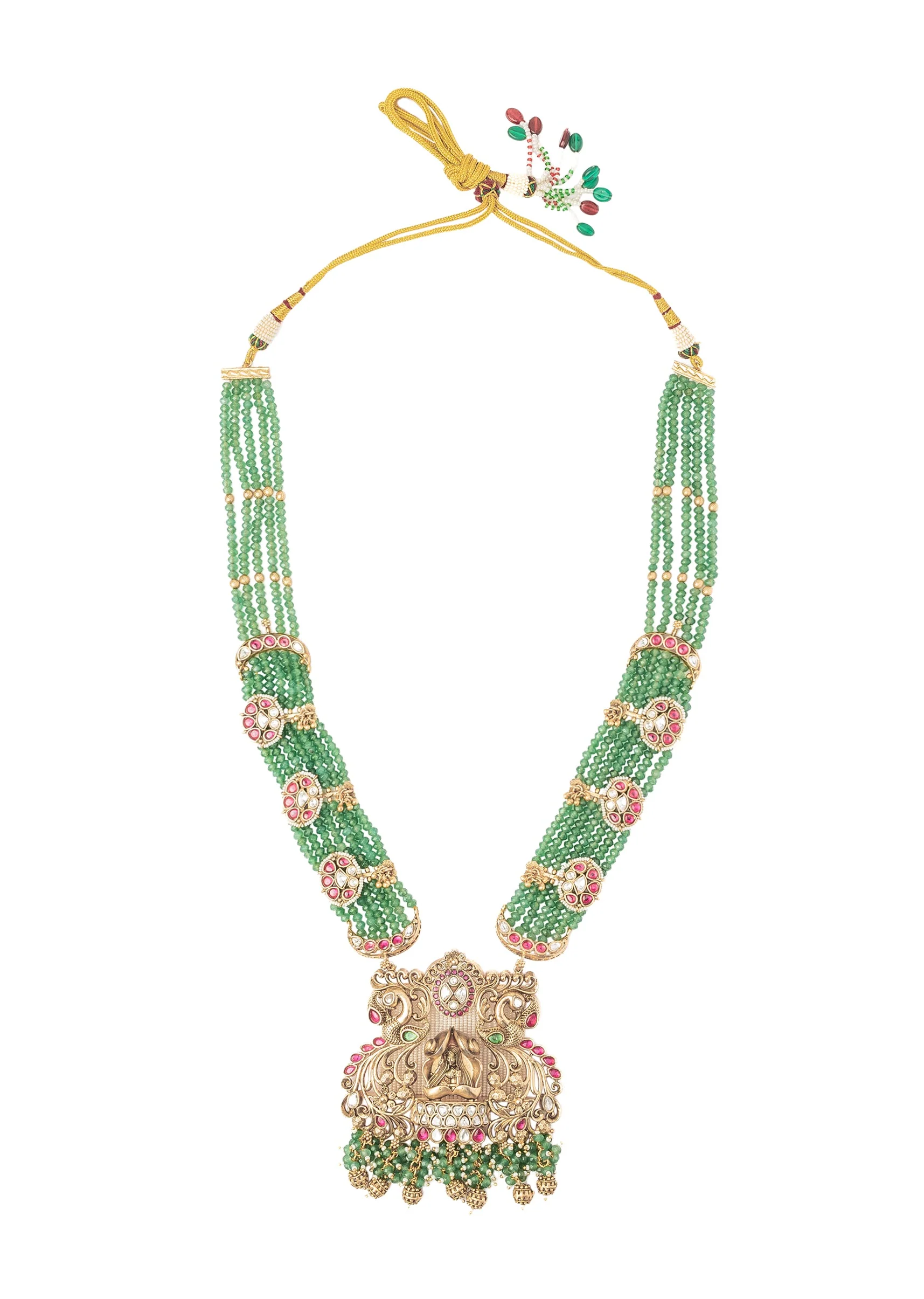 Green Beaded Necklace Set With Floral Accents And Pendant - Image 3