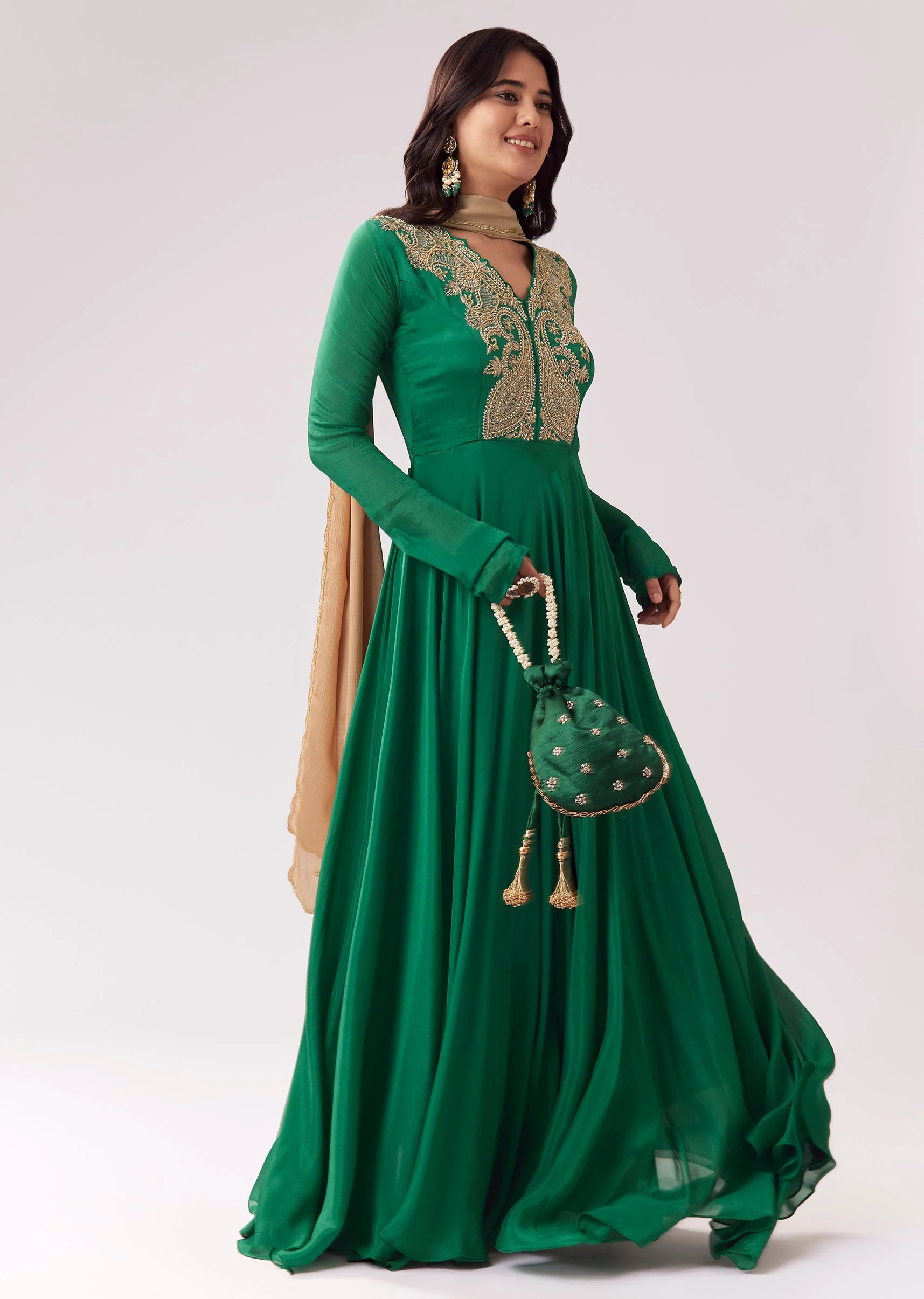 Green Beige Zardozi Anarkali With V Neck - Image 3