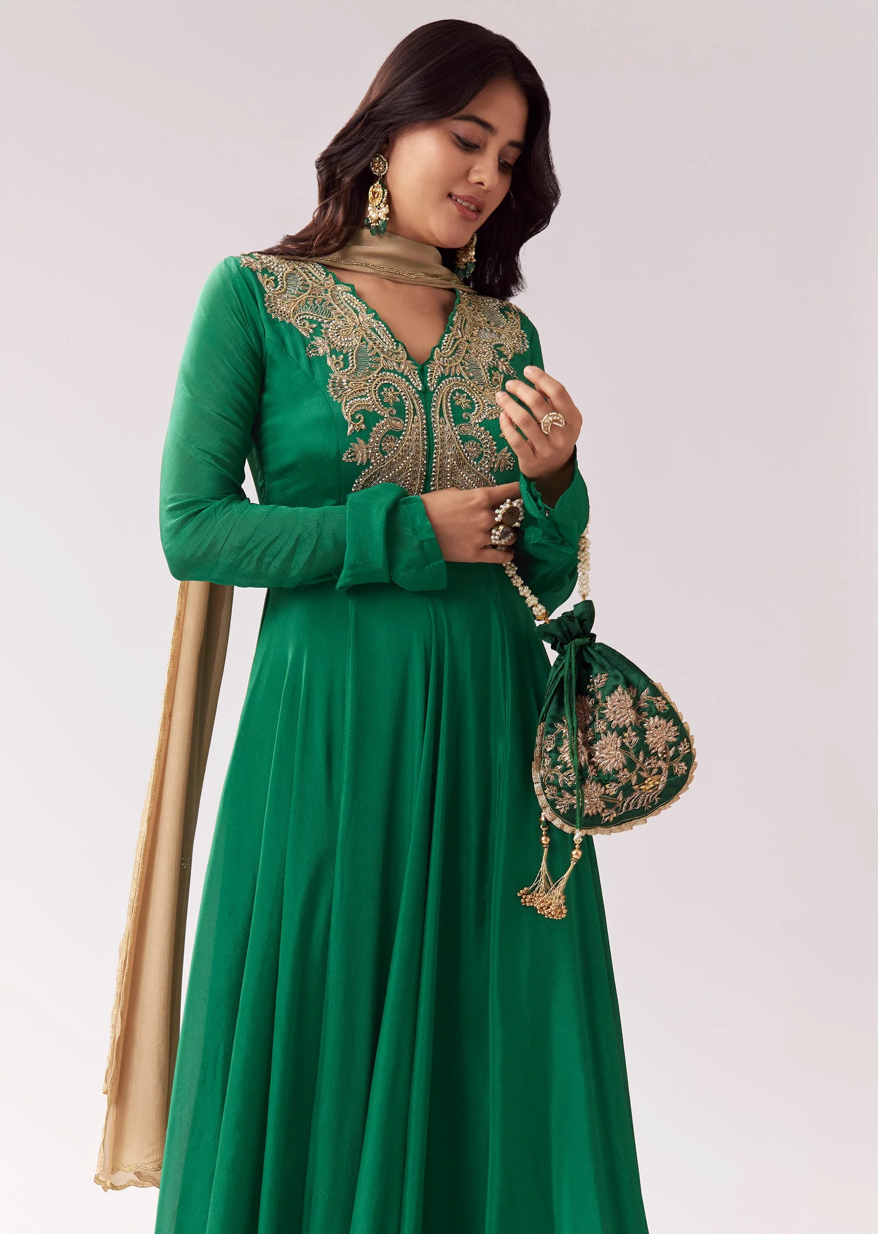Green Beige Zardozi Anarkali With V Neck - Image 4