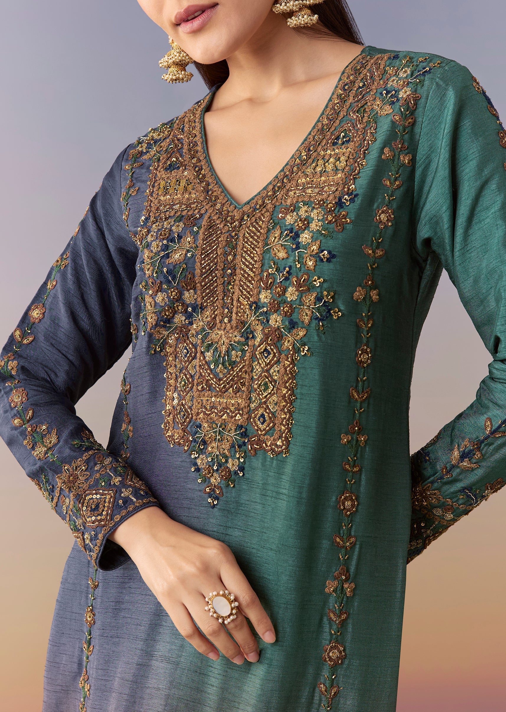 Green Blue Ombre Kurta Skirt Set - Image 2