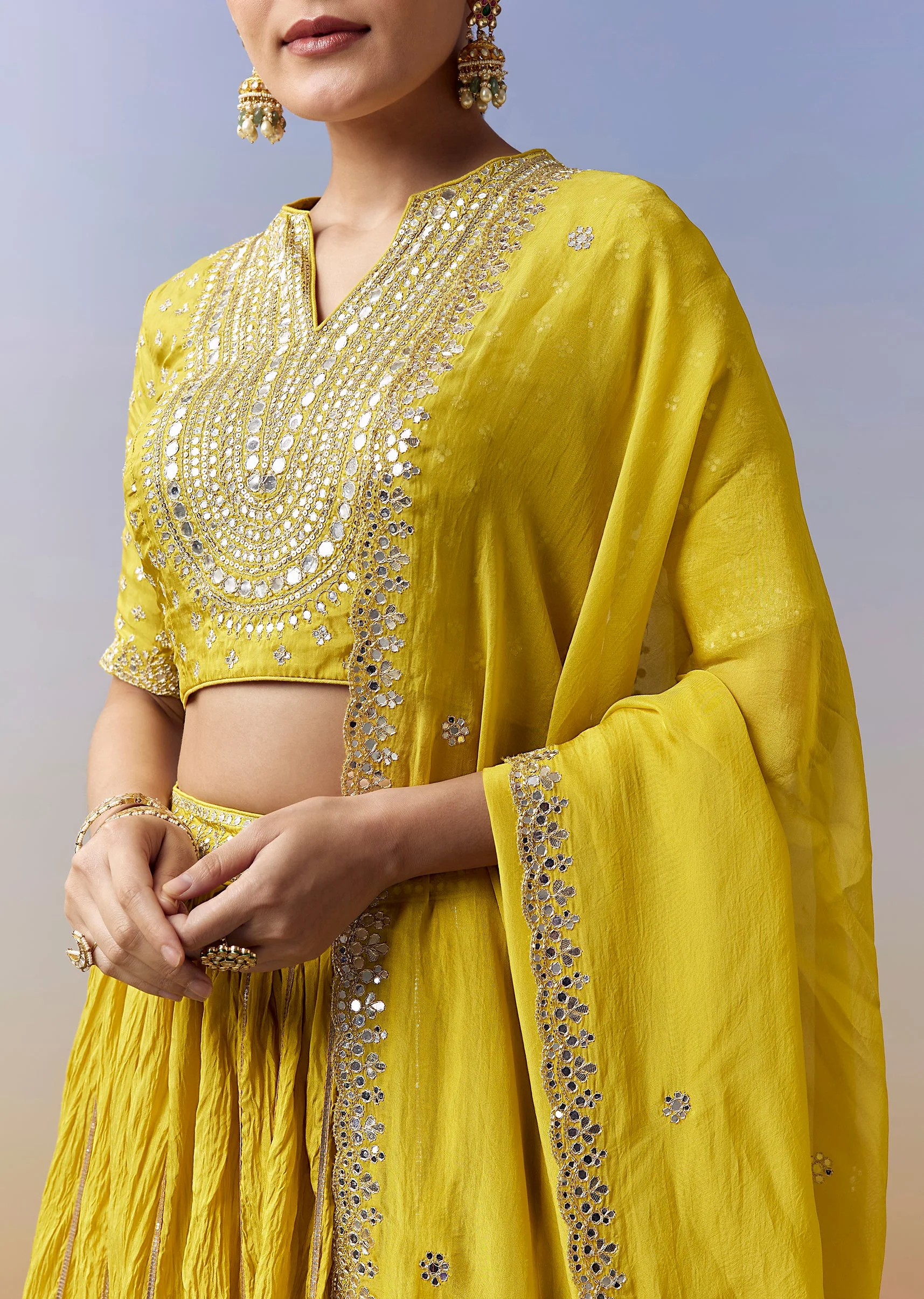Green Bridesmaid Lehenga With Foil Mirror And Zari Work - Image 2