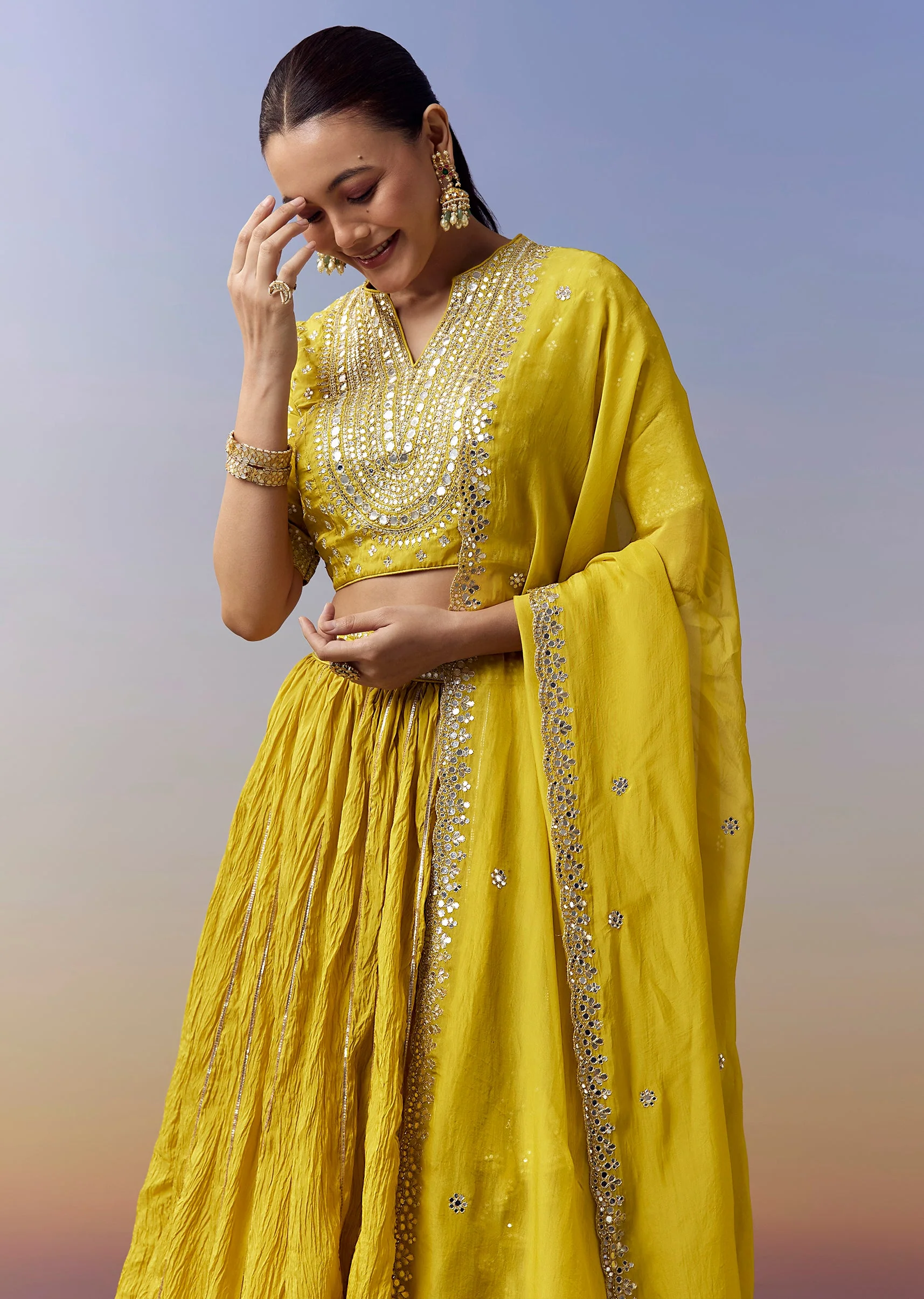 Green Bridesmaid Lehenga With Foil Mirror And Zari Work - Image 4
