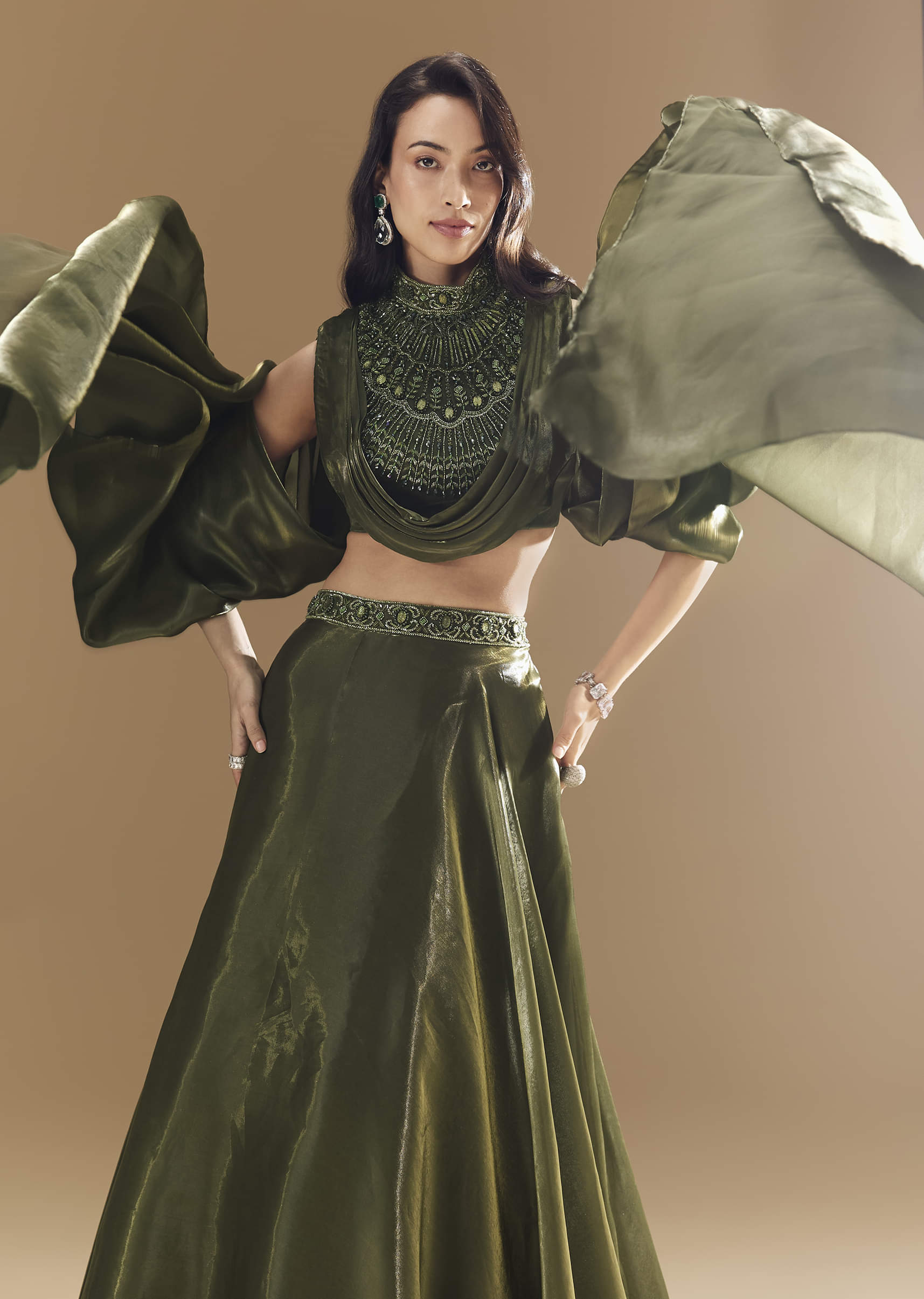 Green Bridesmaid Organza Lehega with Cowl Blouse - Image 4