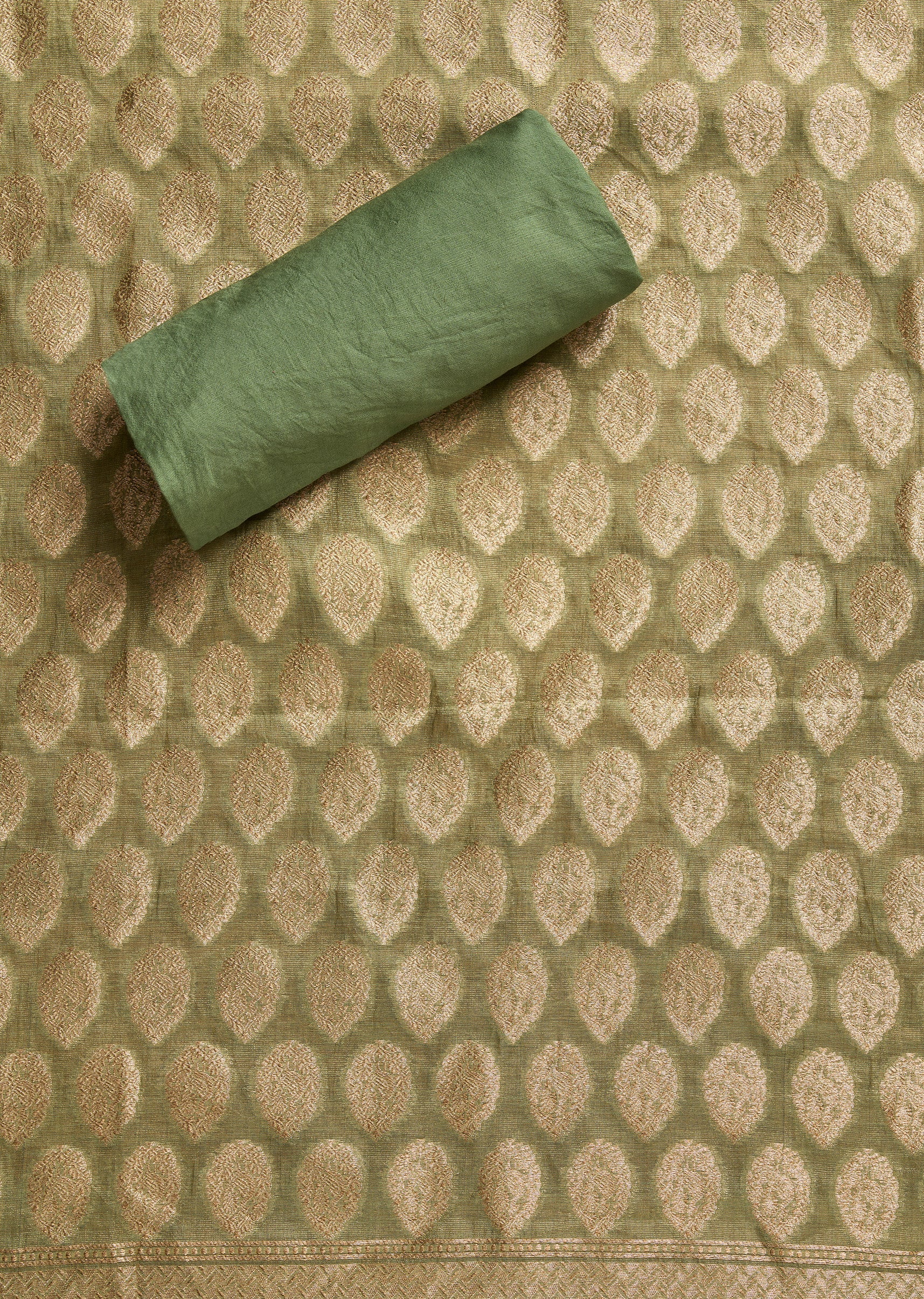 Green Brocade Banarasi Unstitched Suit With Dupatta - Image 3