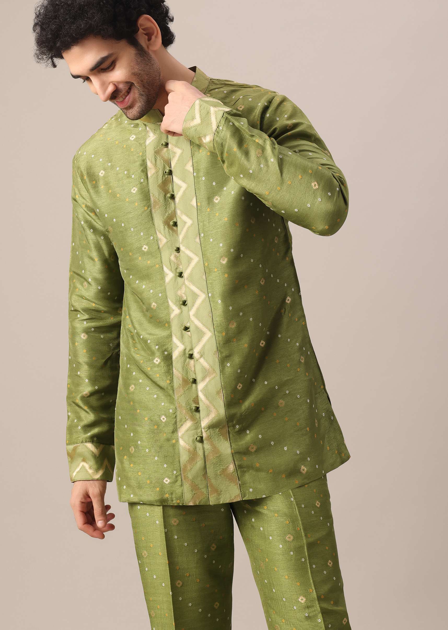Green Brocade Kurta And Pant Co-ord Set - Image 6