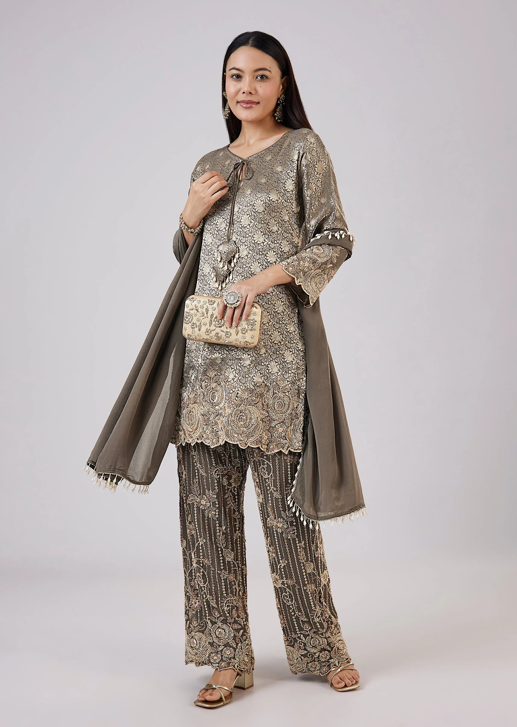 Green Brocade Kurta Set With Bead Work