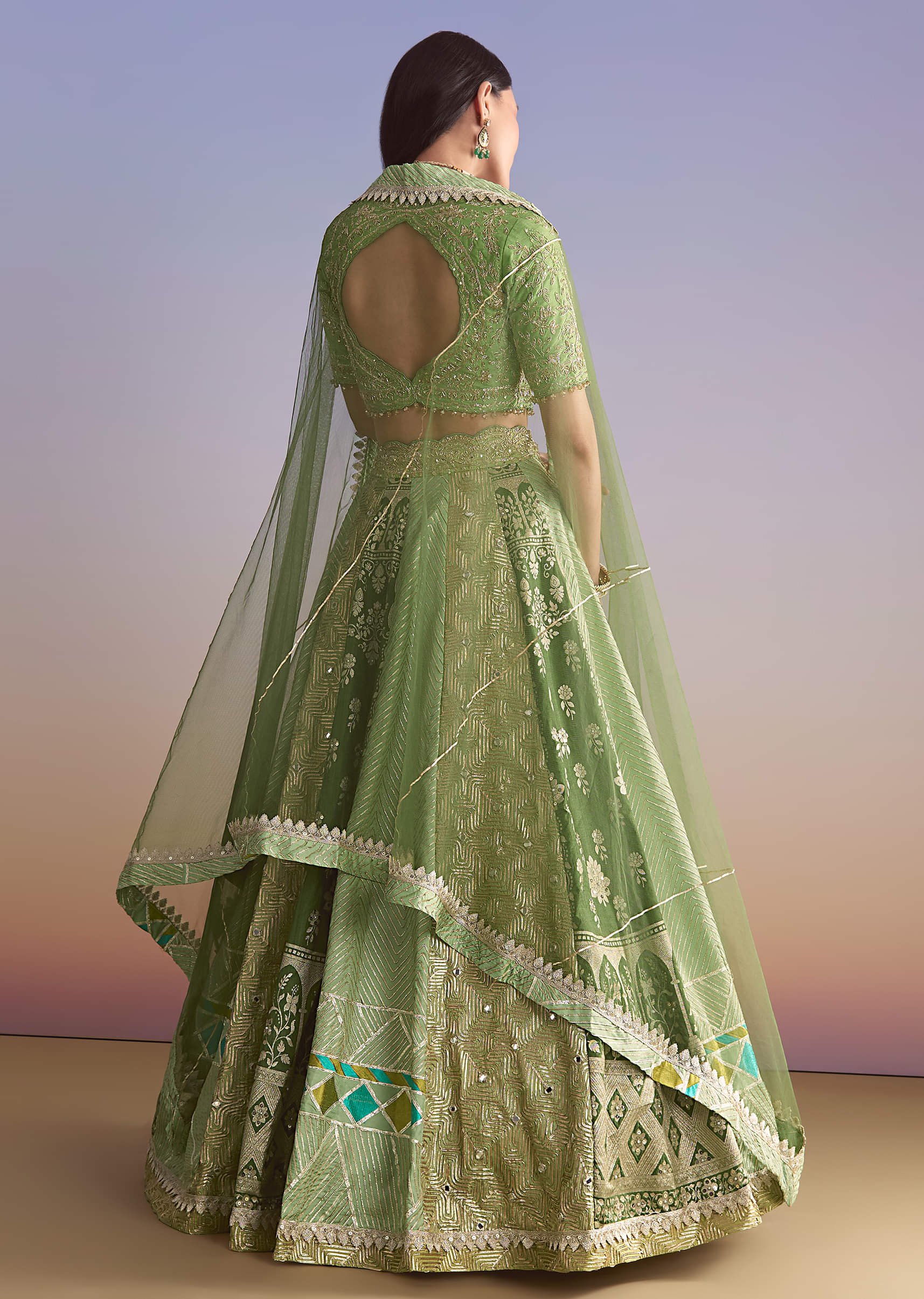 Green Brocade Silk Bridesmaid Lehenga With Zardosi Embroidery - Image 2
