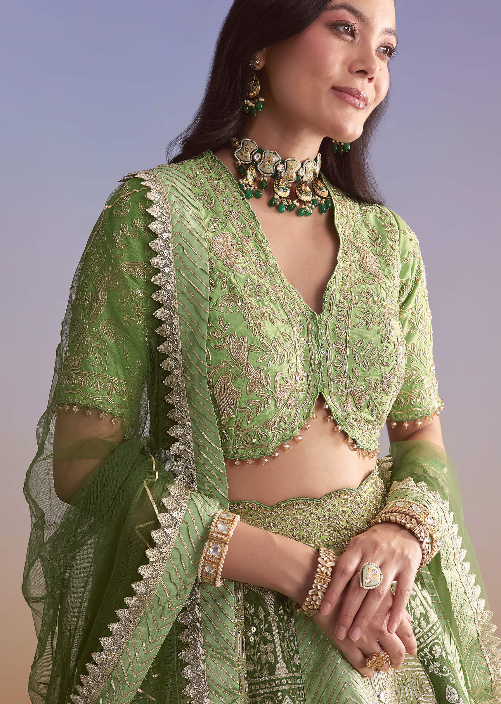 Green Brocade Silk Bridesmaid Lehenga With Zardosi Embroidery - Image 3