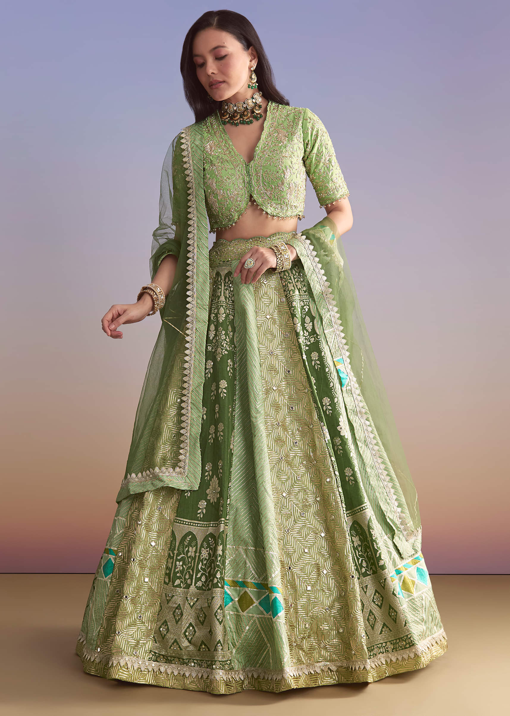 Green Brocade Silk Bridesmaid Lehenga With Zardosi Embroidery - Image 4