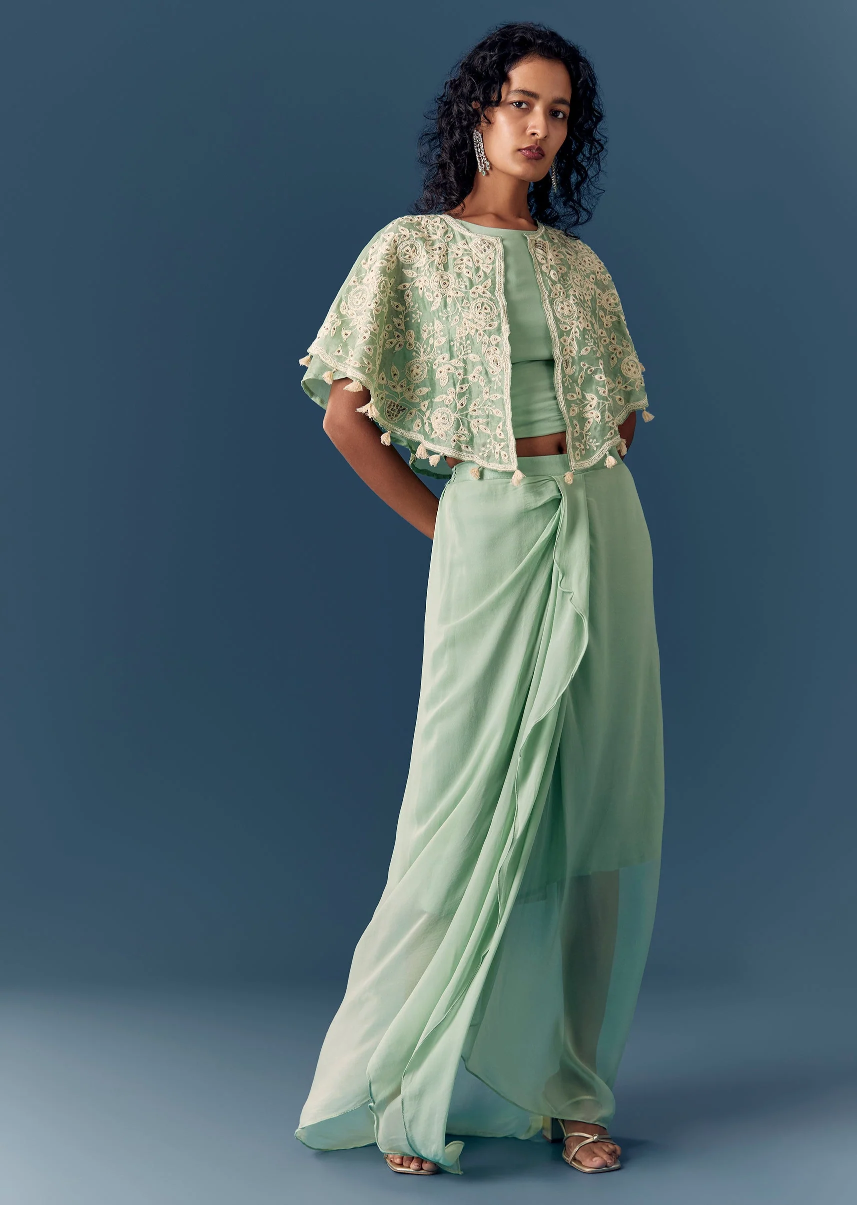 Green Cape Drape Skirt Set