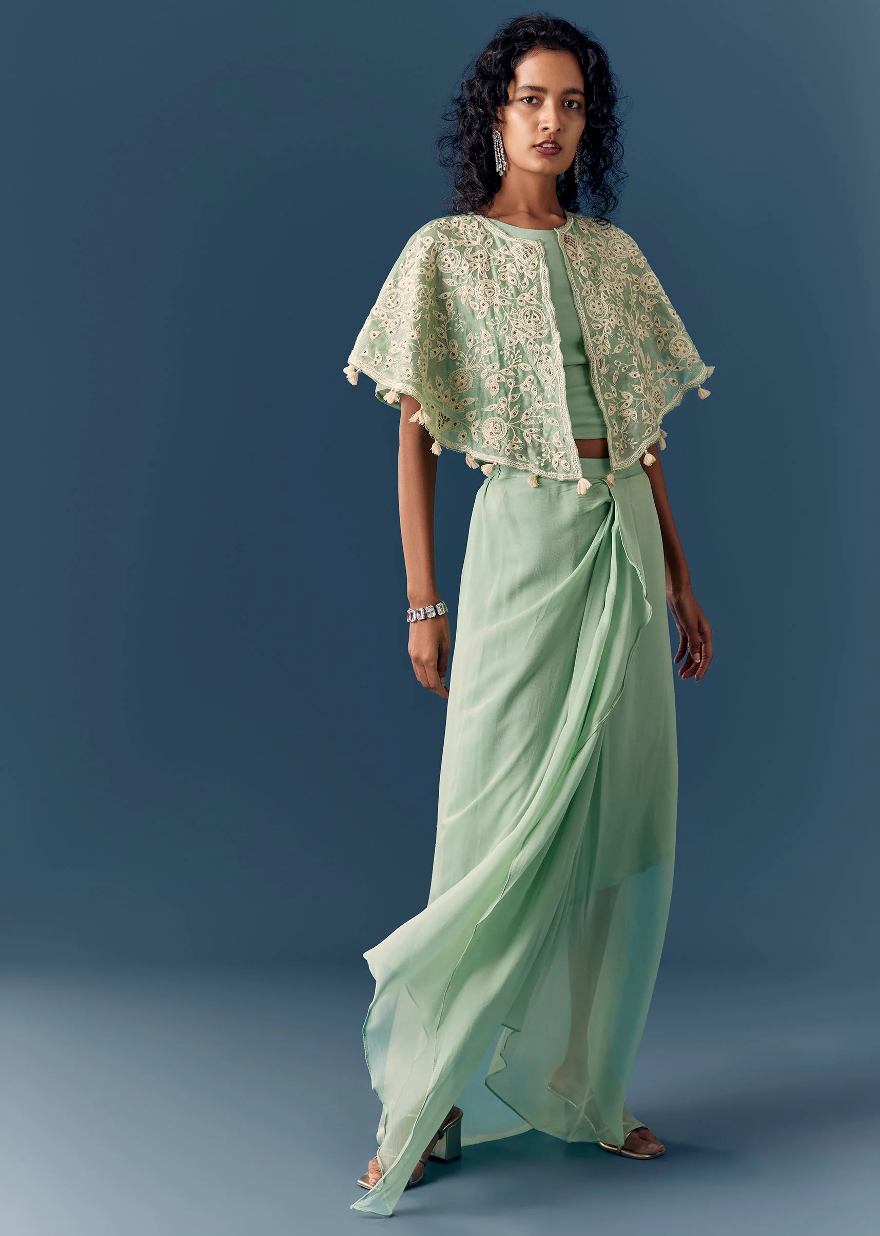 Green Cape Drape Skirt Set - Image 3