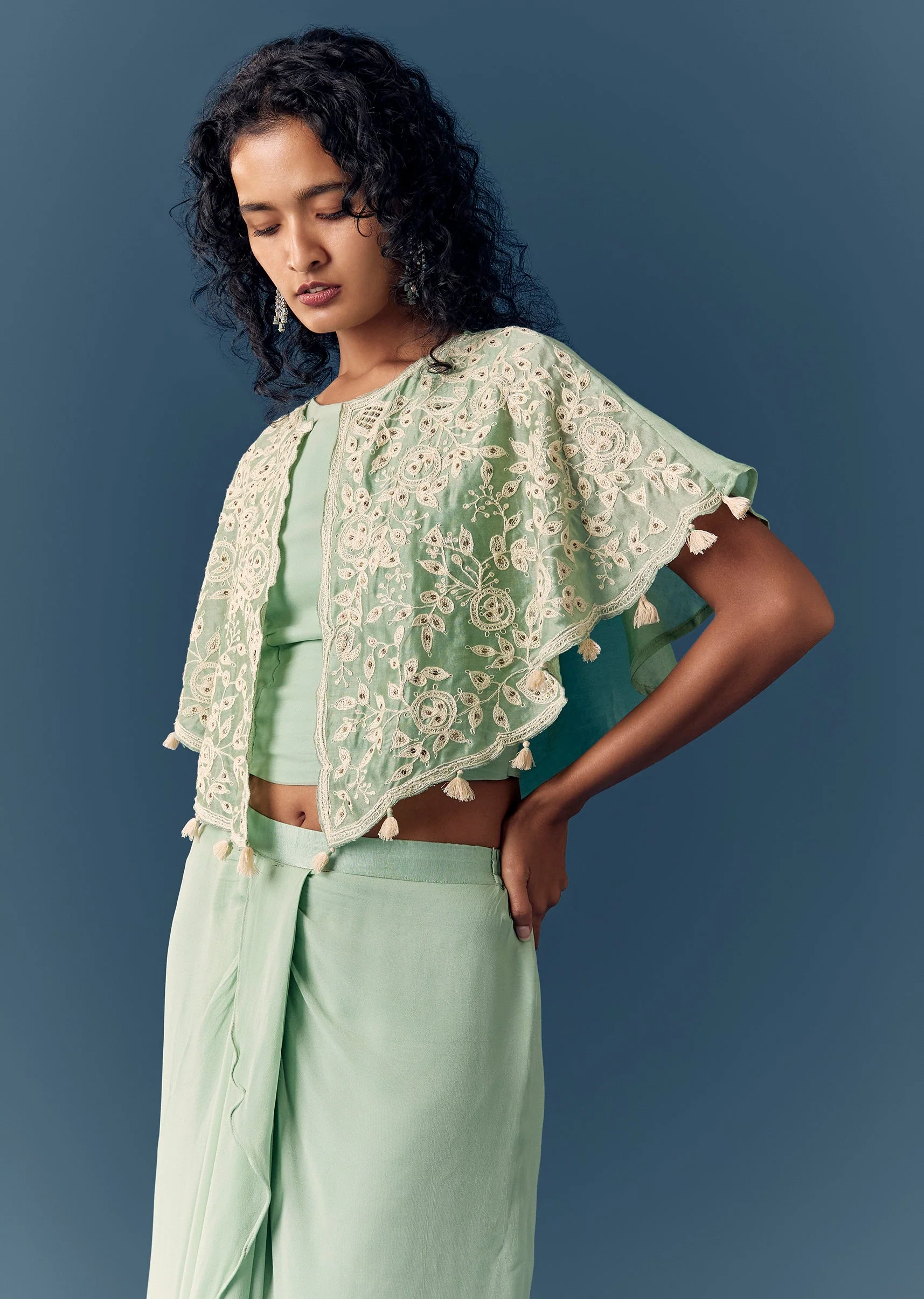 Green Cape Drape Skirt Set - Image 4