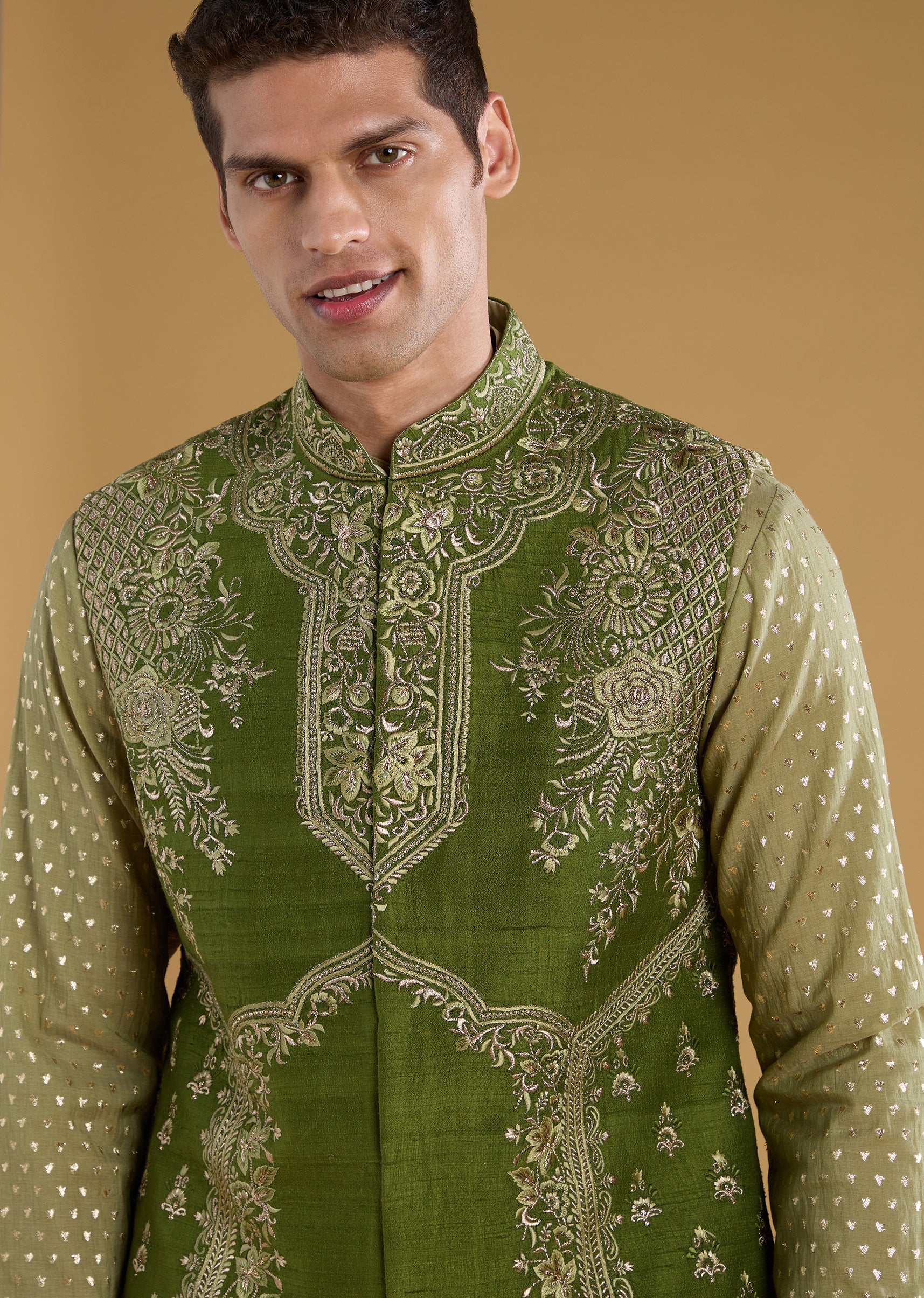 Green Celebration Duo – Tissue Bridesmaid Lehenga For Her And Chanderi Jacket Kurta Set For Him - Image 5