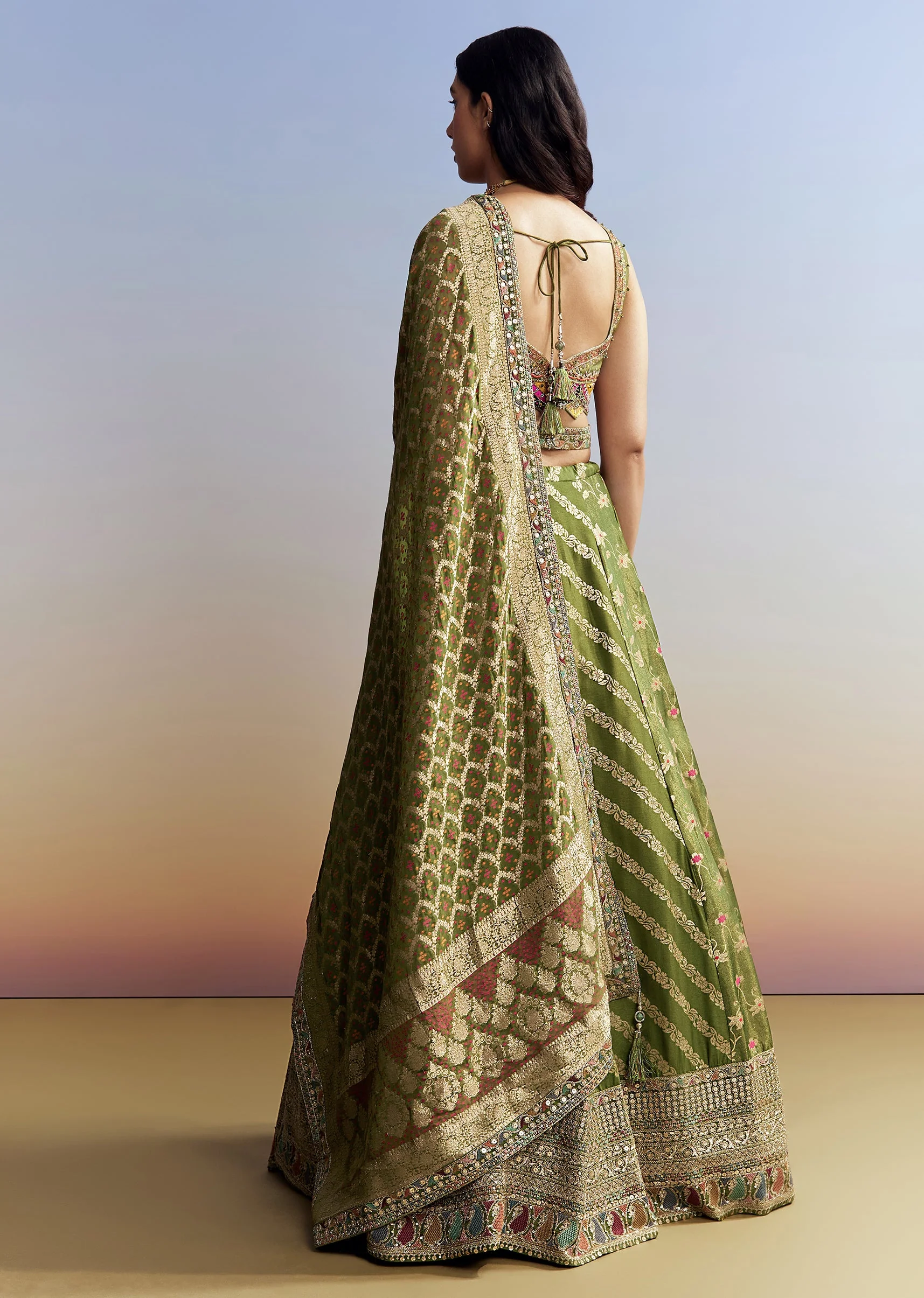 Green Celebration Duo – Tissue Bridesmaid Lehenga For Her And Chanderi Jacket Kurta Set For Him - Image 6