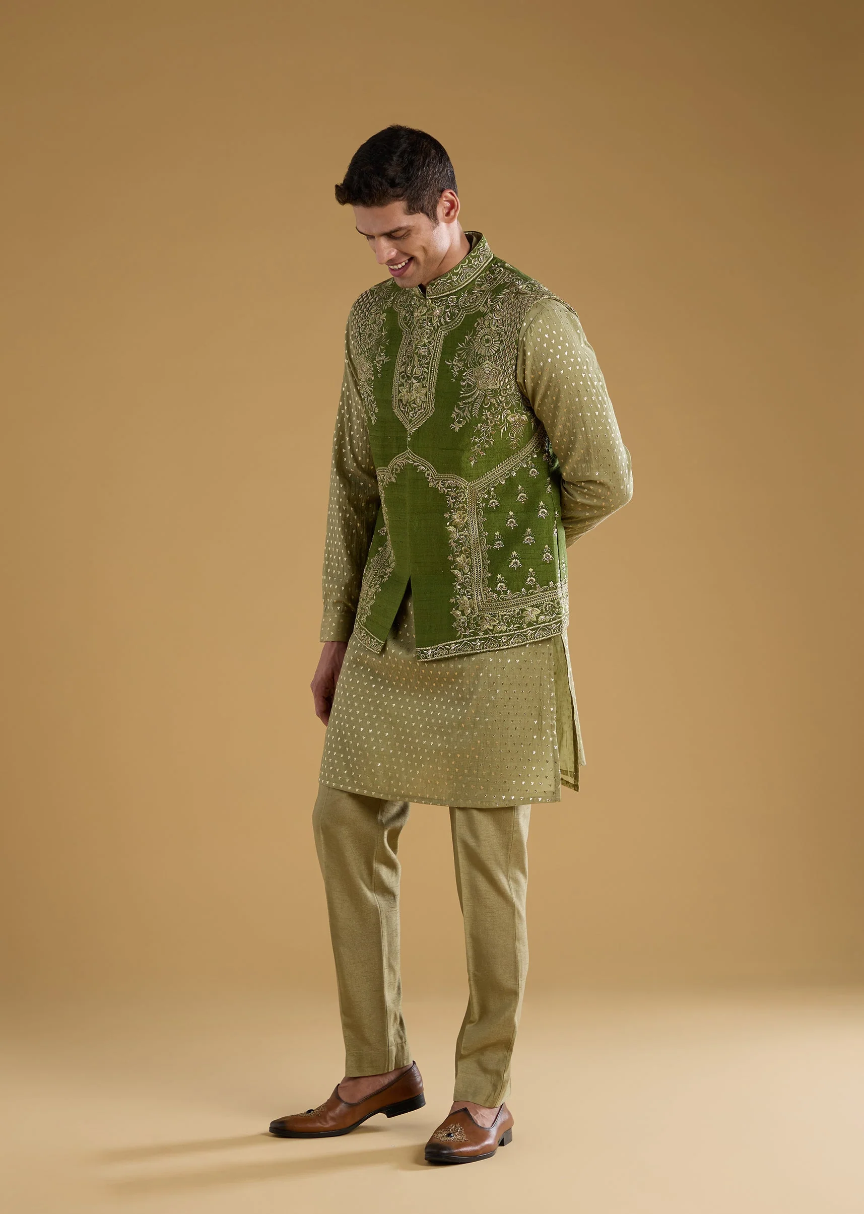 Green Celebration Duo – Tissue Bridesmaid Lehenga For Her And Chanderi Jacket Kurta Set For Him - Image 8