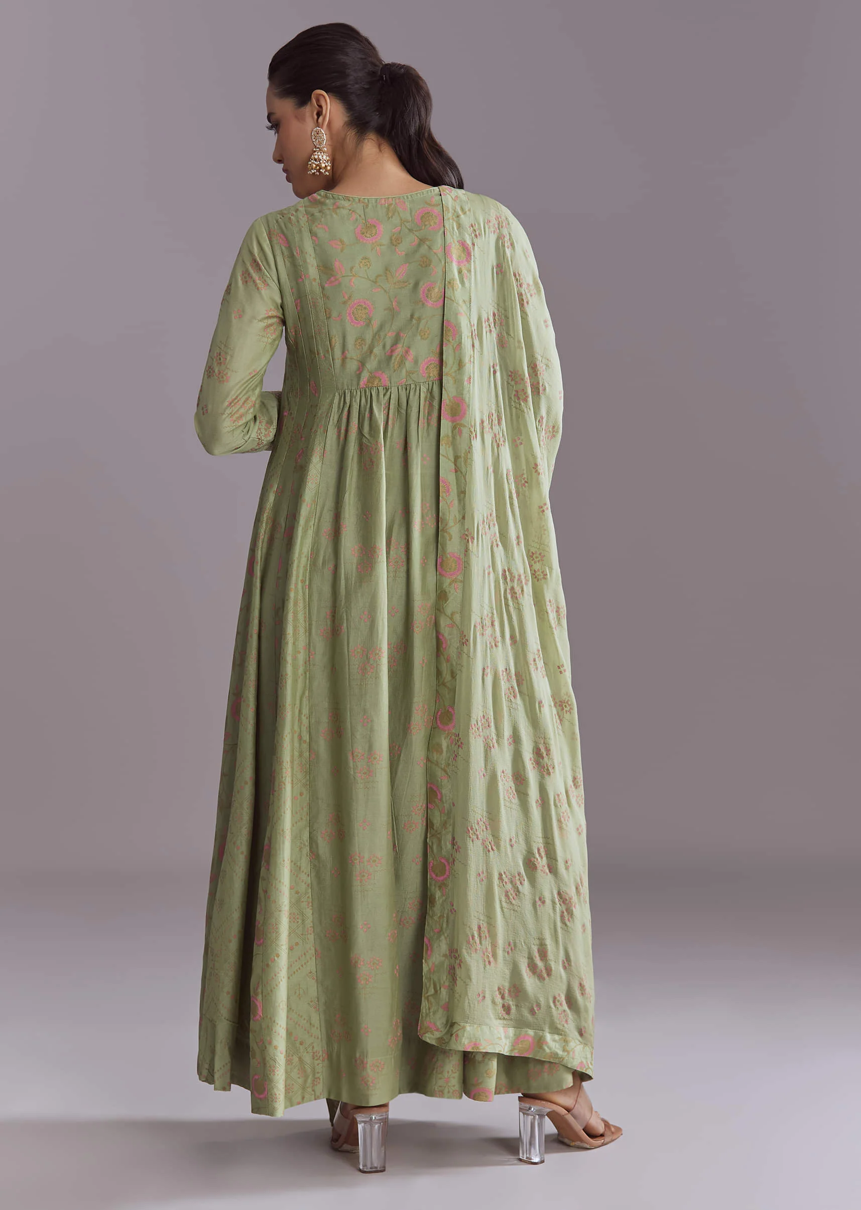 Green Chanderi Anarkali Suit With Boho Prints - Image 5
