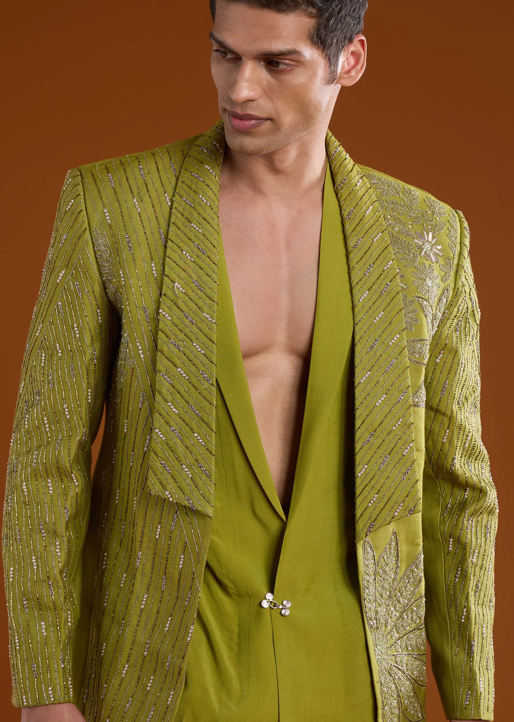Green Chanderi Embroidered Tuxedo Set with Dori Work