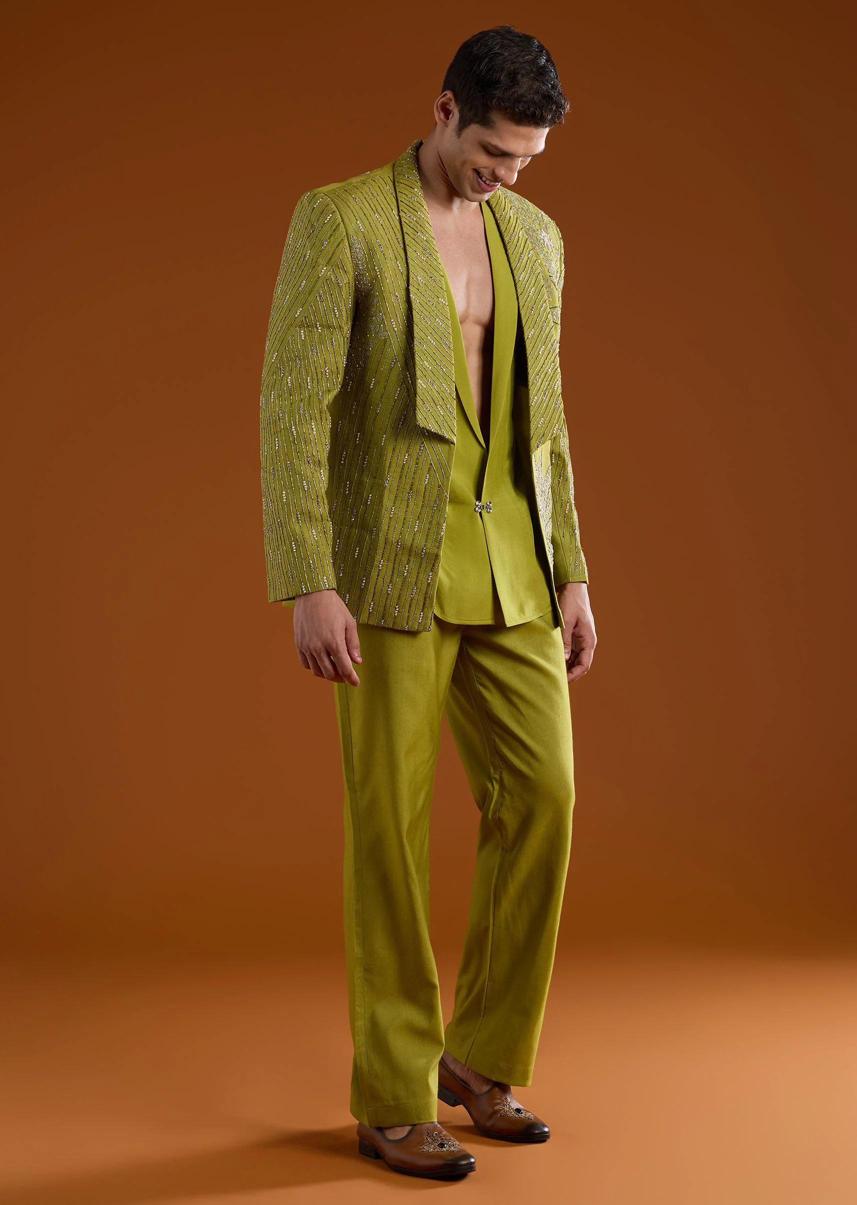 Green Chanderi Embroidered Tuxedo Set with Dori Work - Image 4