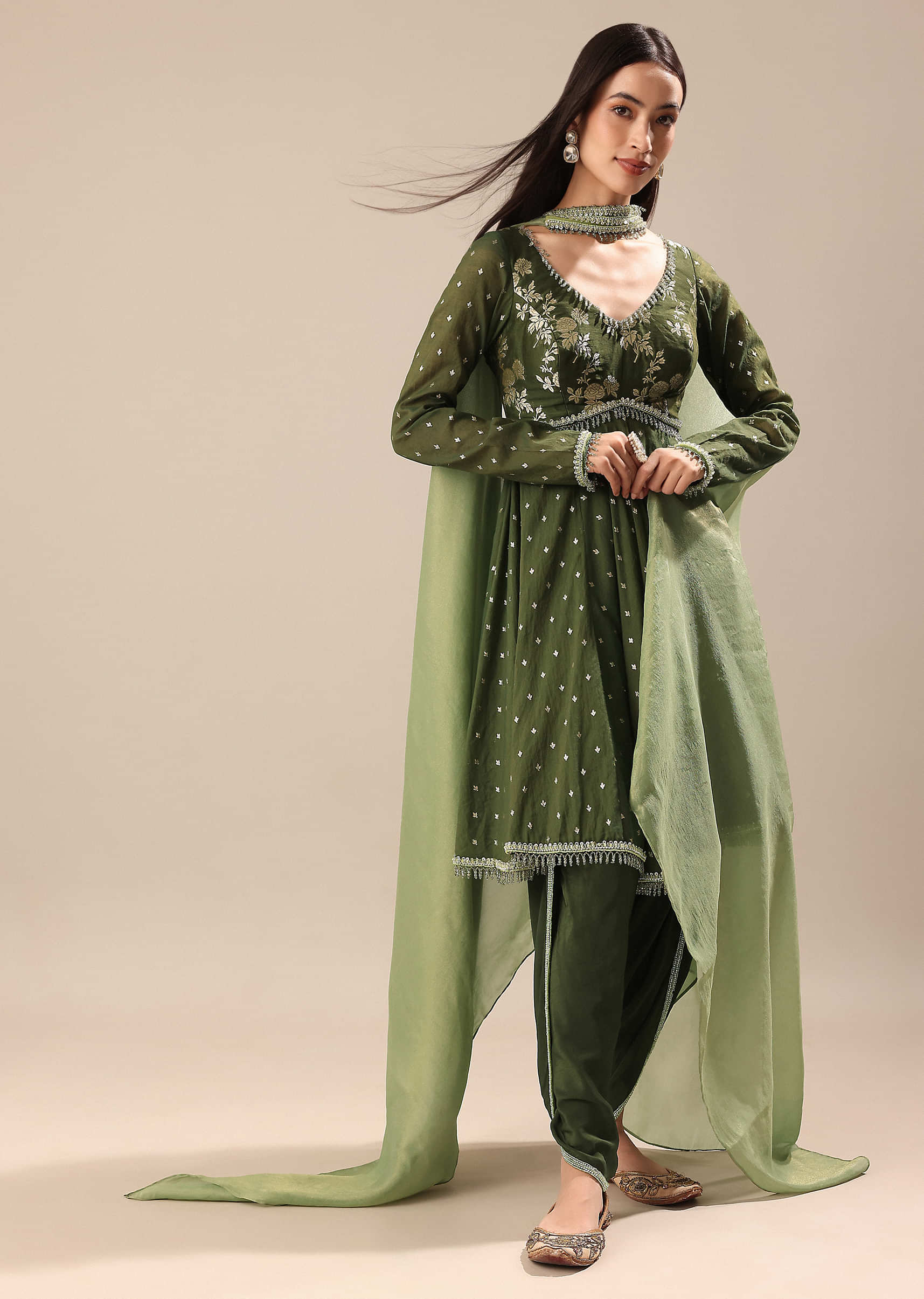 Green Chanderi Kurta Pant Set - Image 3
