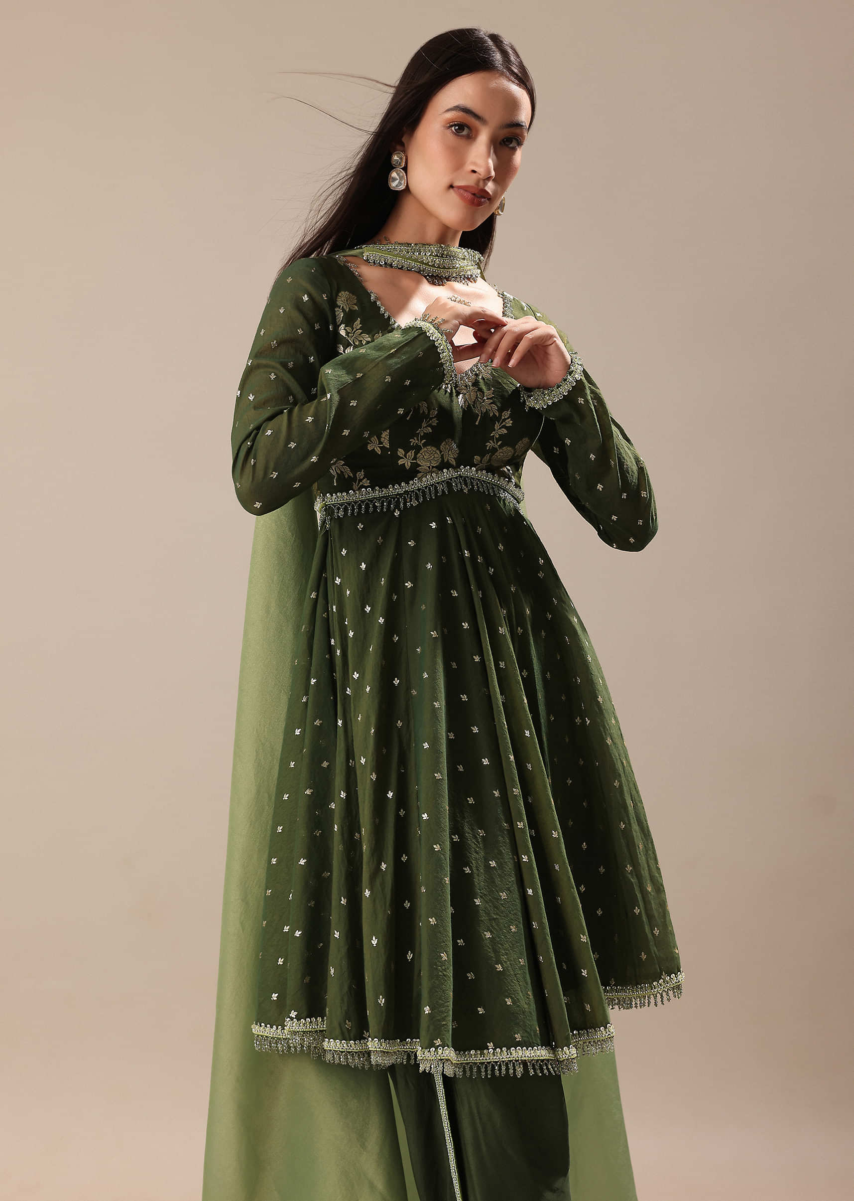 Green Chanderi Kurta Pant Set - Image 4