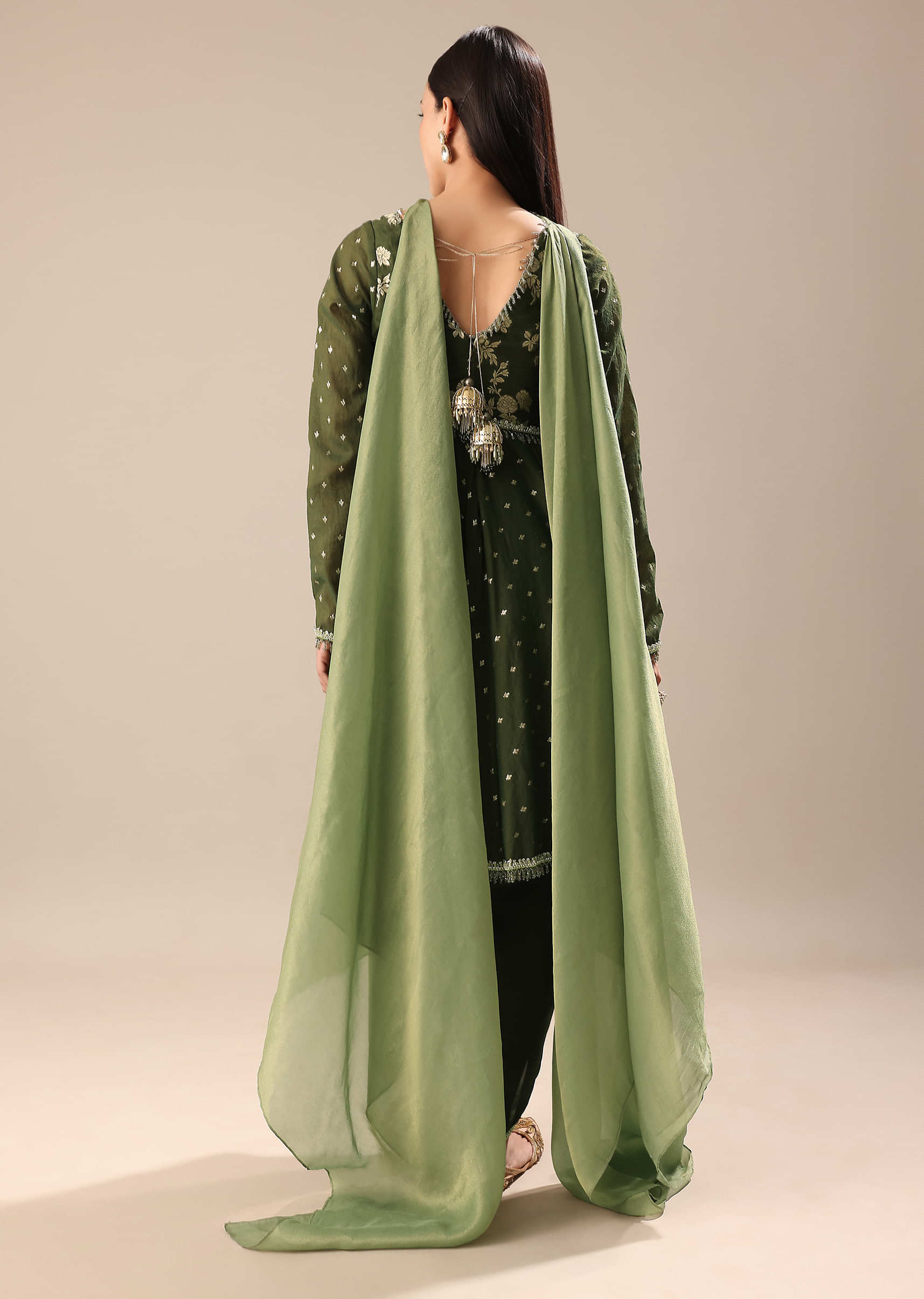 Green Chanderi Kurta Pant Set - Image 5