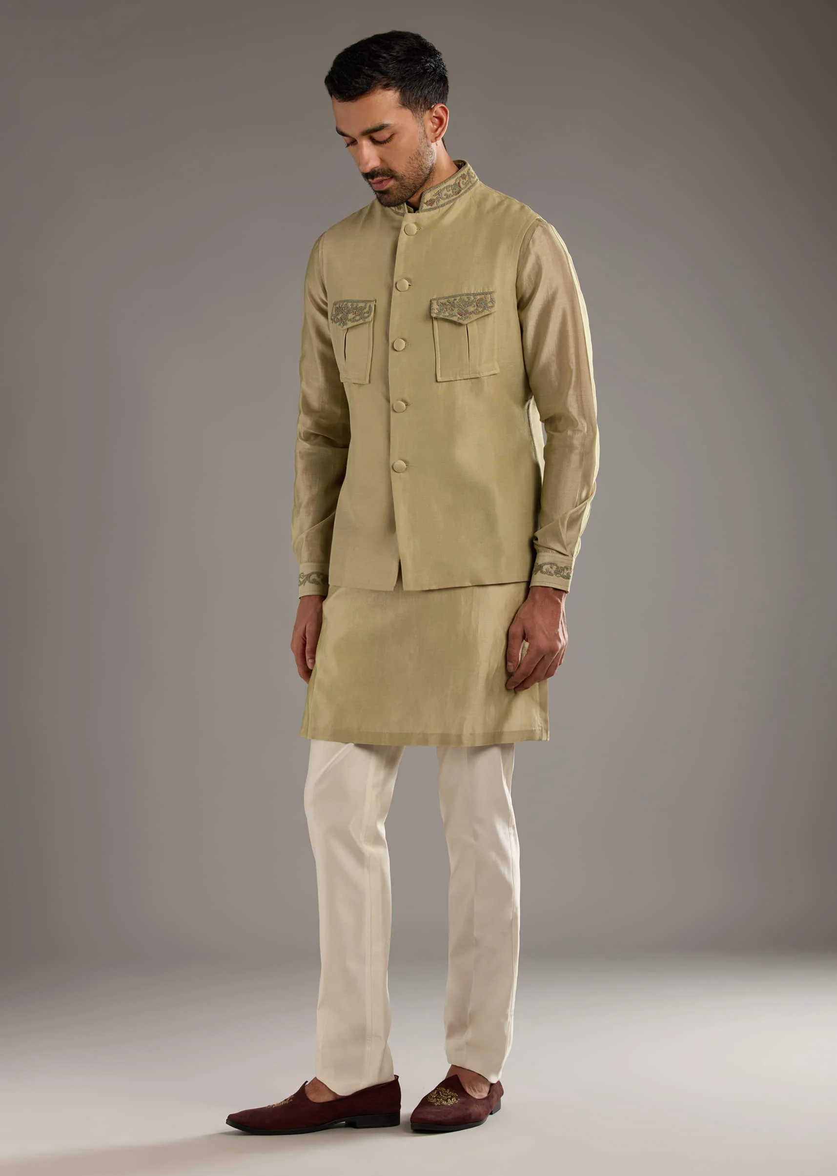 Green Chanderi Linen Kurta Jacket Set For Men With Dori Work - Image 3