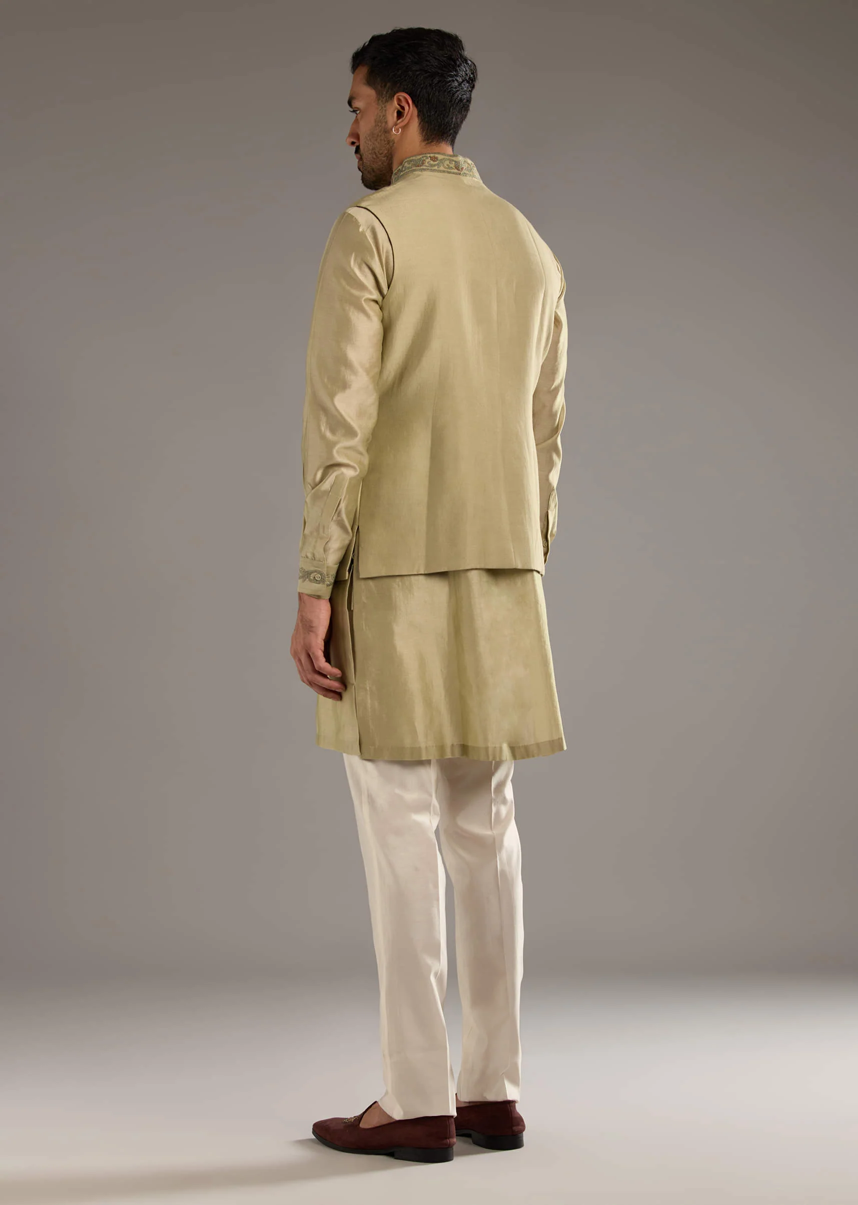 Green Chanderi Linen Kurta Jacket Set For Men With Dori Work - Image 6