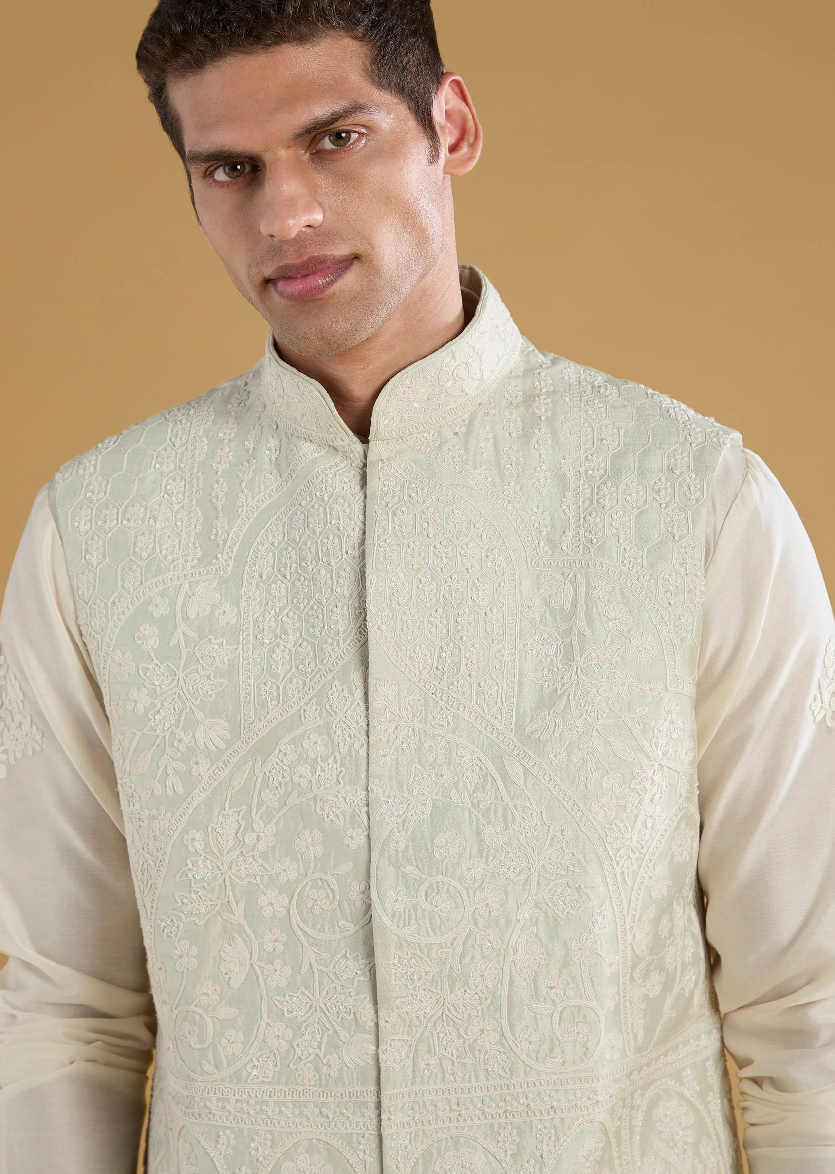 Green Chanderi Mens Jacket Kurta Set - Image 3