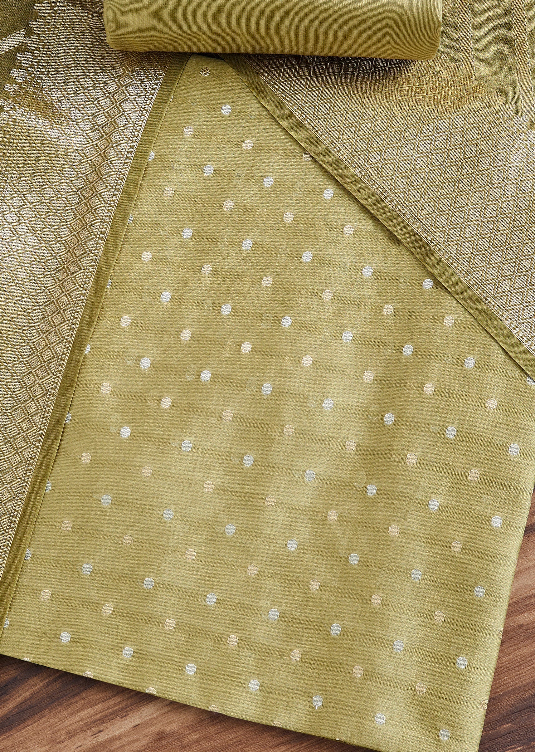 Green Chanderi Unstitched Suit With Dupatta - Image 2